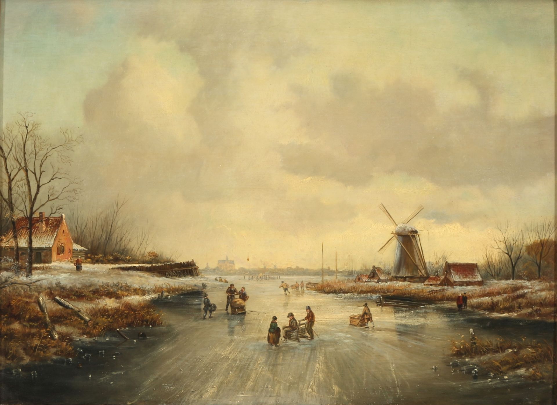 Niederländischer Maler belebter Wintertag mit Schlittschuhfahrern, dutch painter winter day