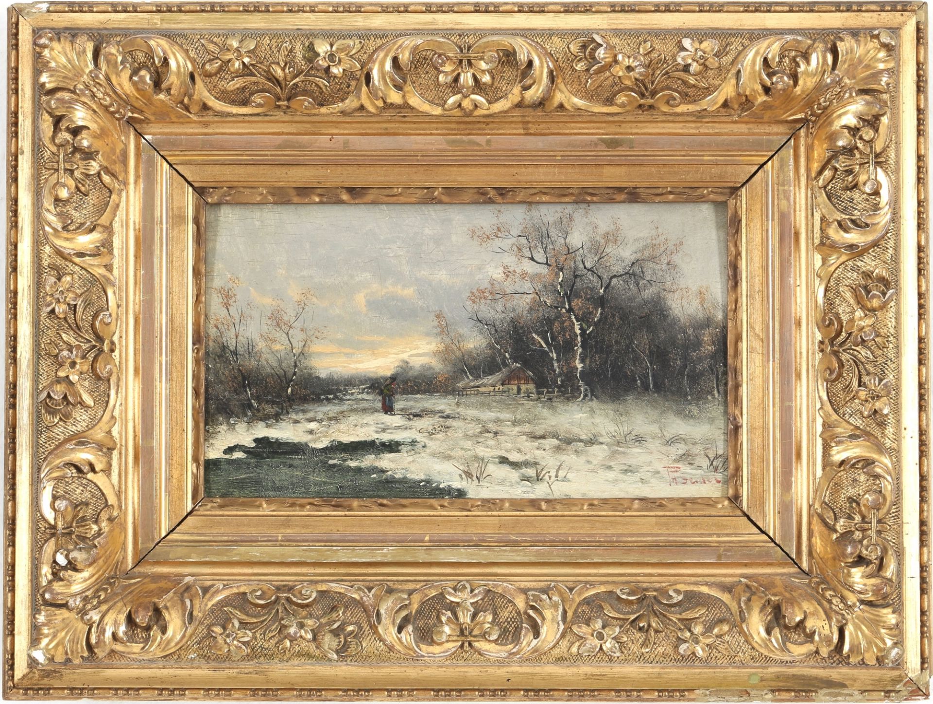 F.H. Seidel - Bäuerin in verschneiter Winterlandschaft um 1900, farmwoman in snowy winterlandscape, - Bild 2 aus 4