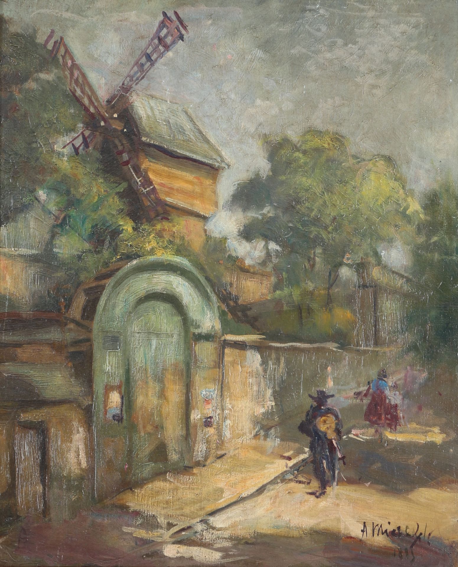Unbekannter Maler 19. Jahrhundert, Stadtansicht mit Mühle 1895, City view with mill,