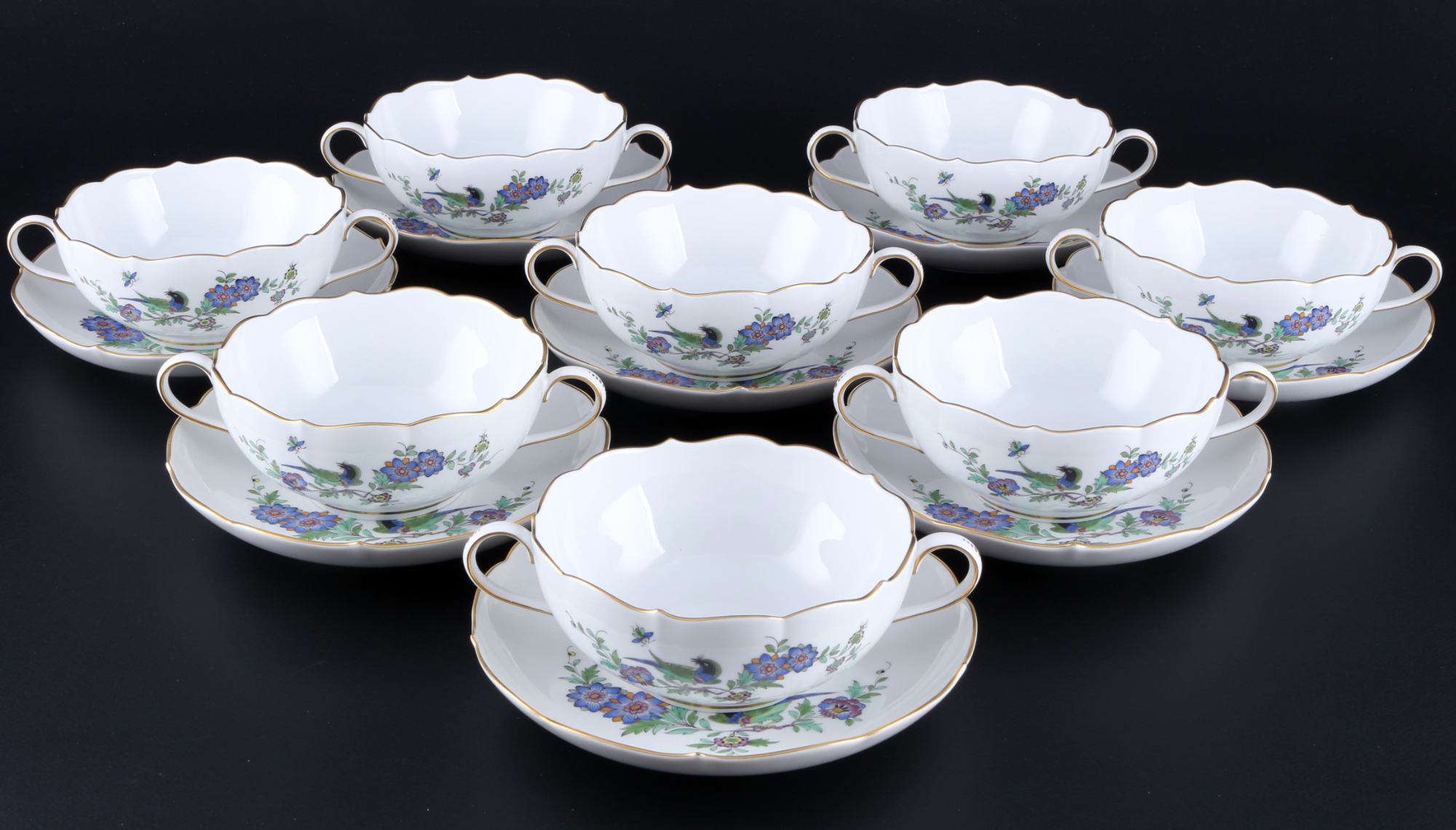 Meissen Indische Fels-, Blumen und Vogelmalerei 8 Suppentassen 1.Wahl, soup cups 1st choice,