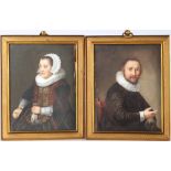 Paar Miniaturmalerei 19. Jahrhundert Portraits niederländischer Bourgeoisie nach Rembrandt van Rijn,