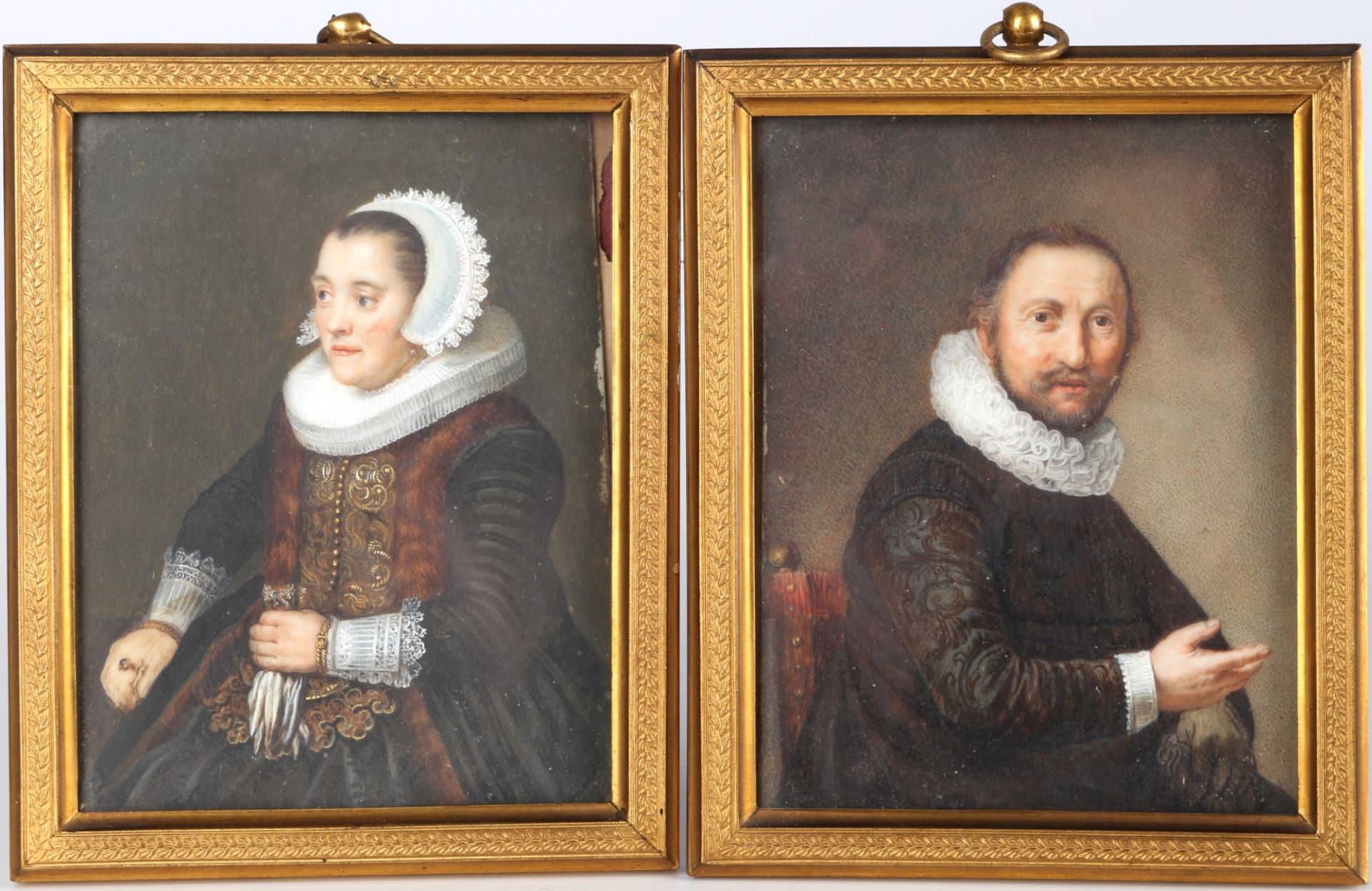 Paar Miniaturmalerei 19. Jahrhundert Portraits niederländischer Bourgeoisie nach Rembrandt van Rijn,