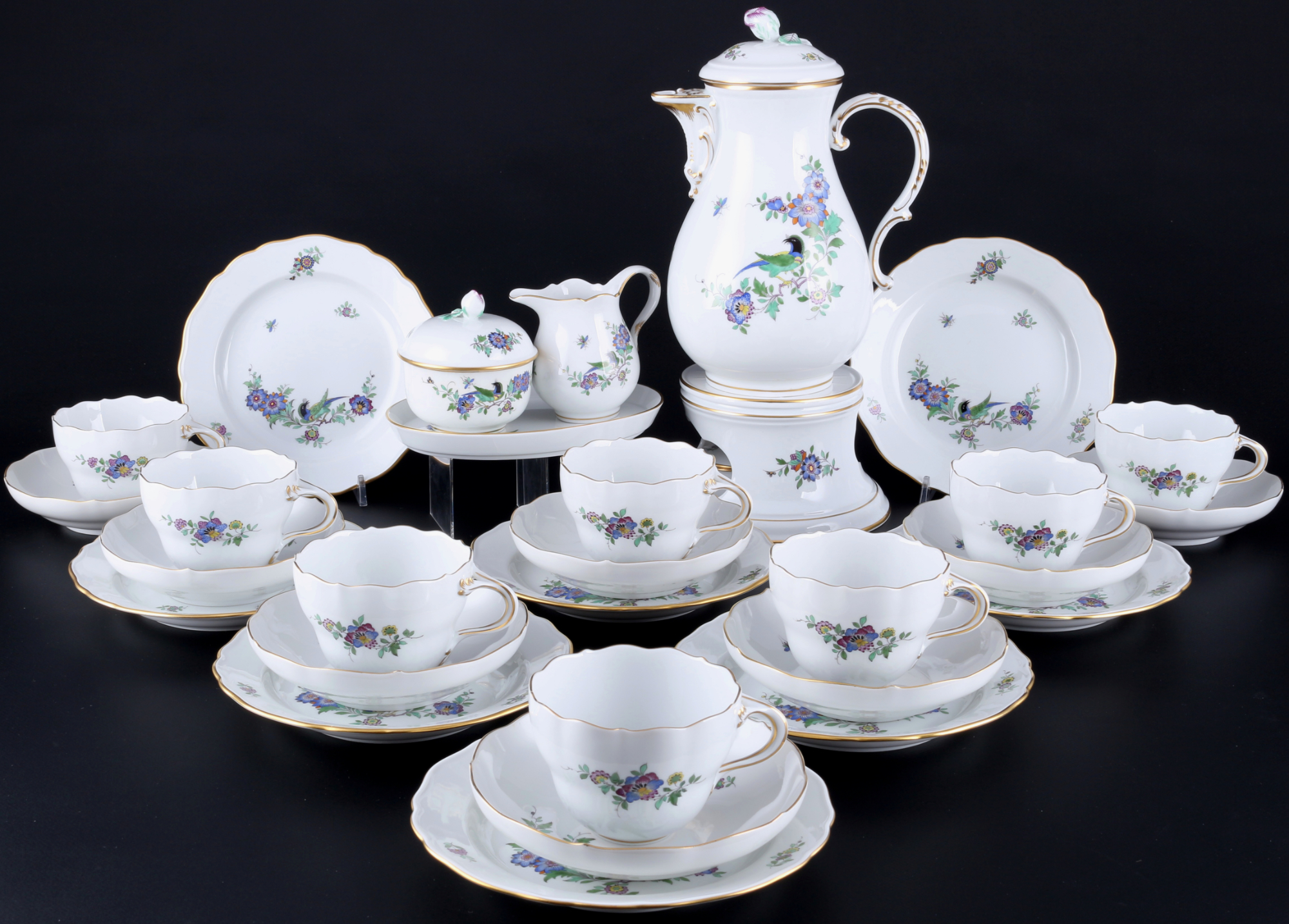 Meissen Indische Fels-, Blumen und Vogelmalerei Kaffeeservice 8 Personen 1.Wahl, coffee service,