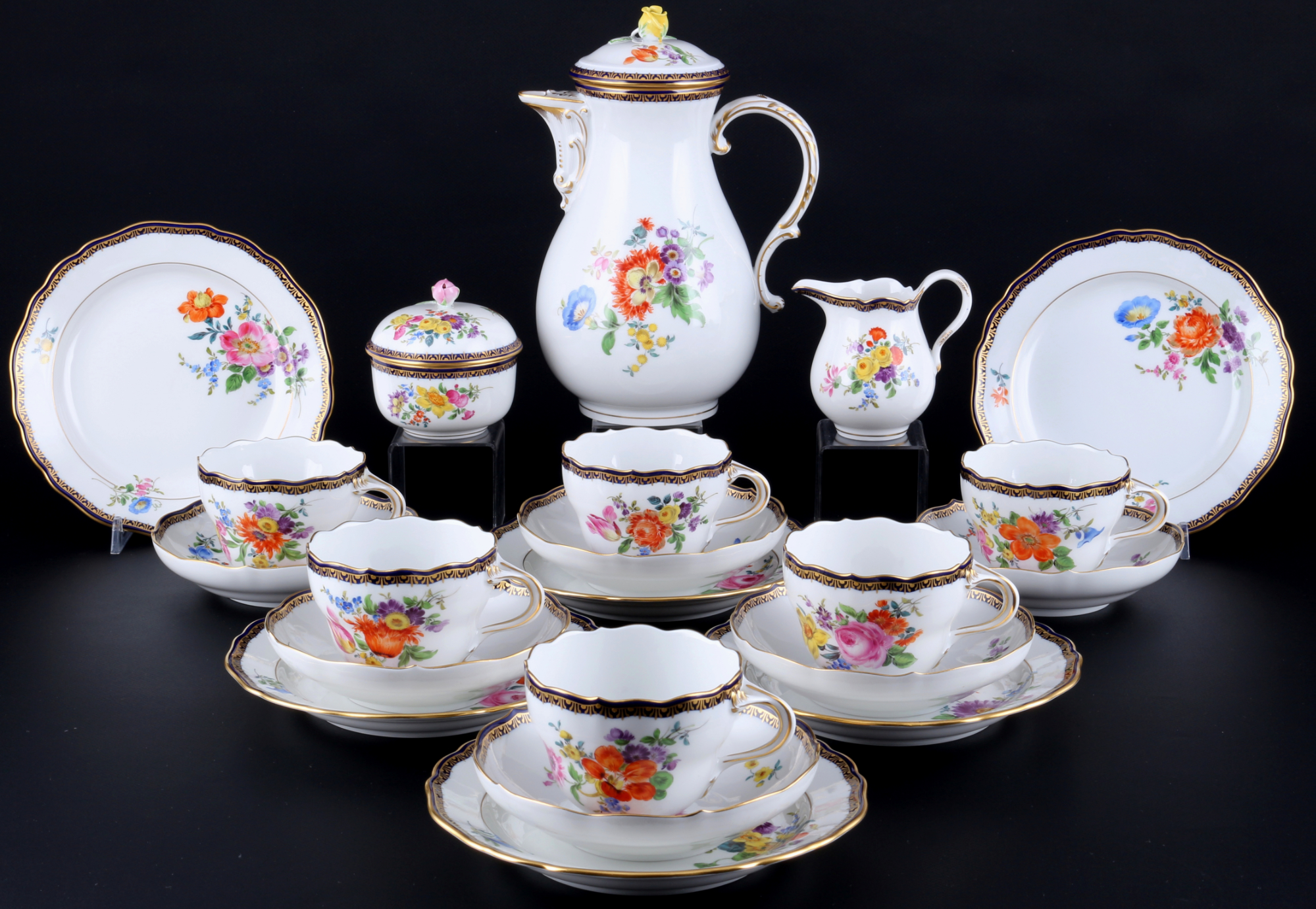 Meissen A-Kante Blumenbukett Kaffeeservice für 6 Personen 1.Wahl, coffee service 1st choice,