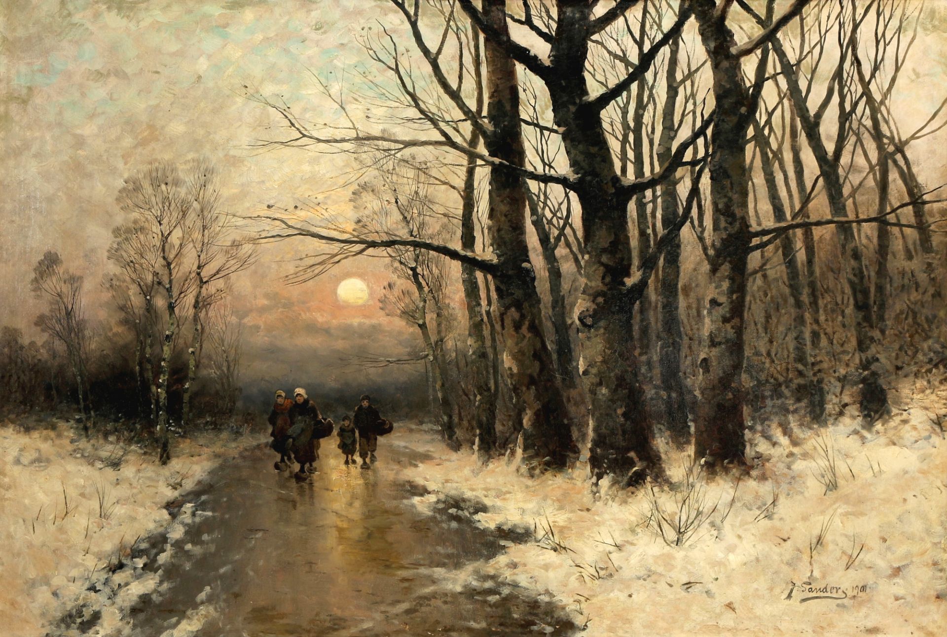 Johann Jungblut (1860-1912) abendliche Heimkehr in Winterlandschaft, evening homecoming,