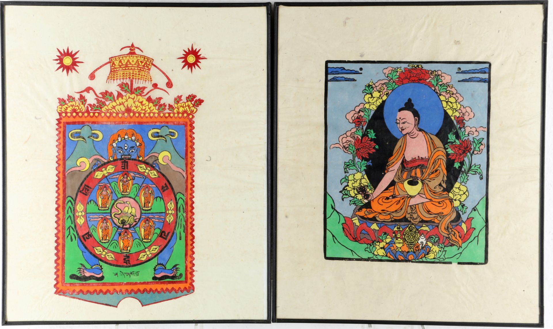Buddhismus / Hinduismus 2 Thangkas mit Lebensrad und Buddha im Lotussitz, buddhism / hinduism,