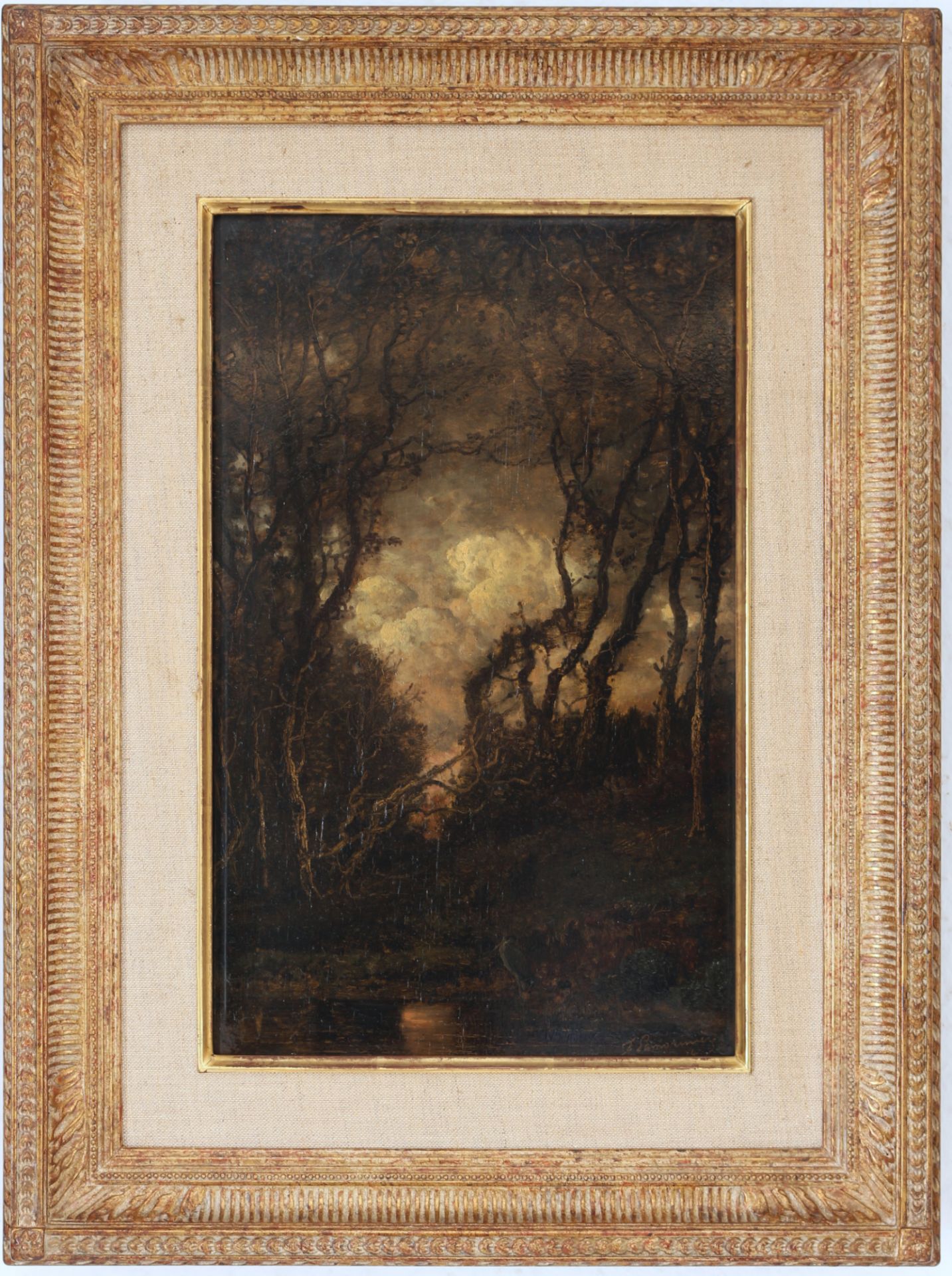 François Lamoriniere (1828-1911 ) Waldlandschaft mit Reiher 1874, forest landscape with heron, - Image 2 of 5