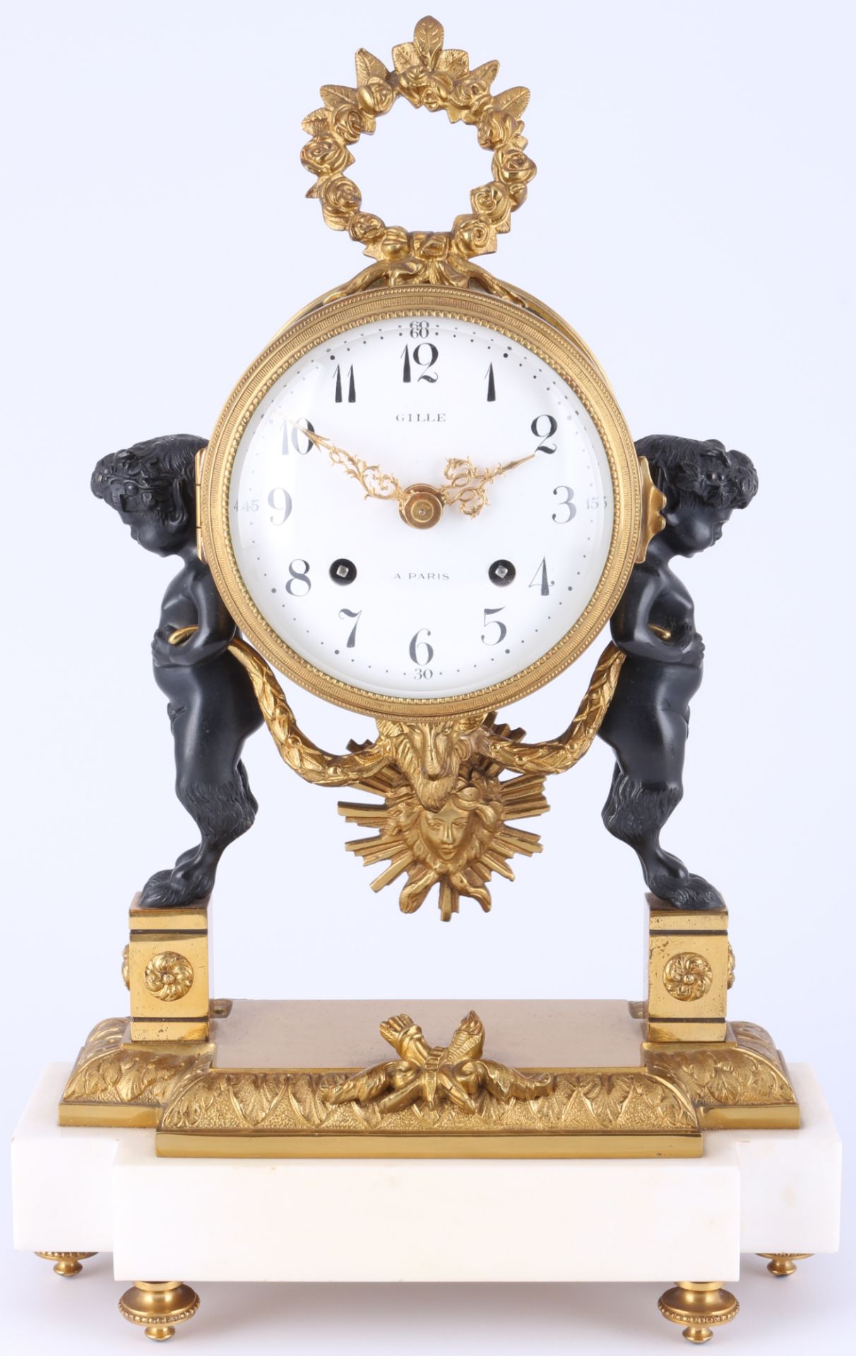 Portaluhr mit Faunfiguren Bronze, bronzportal mantel clock with faun figures,