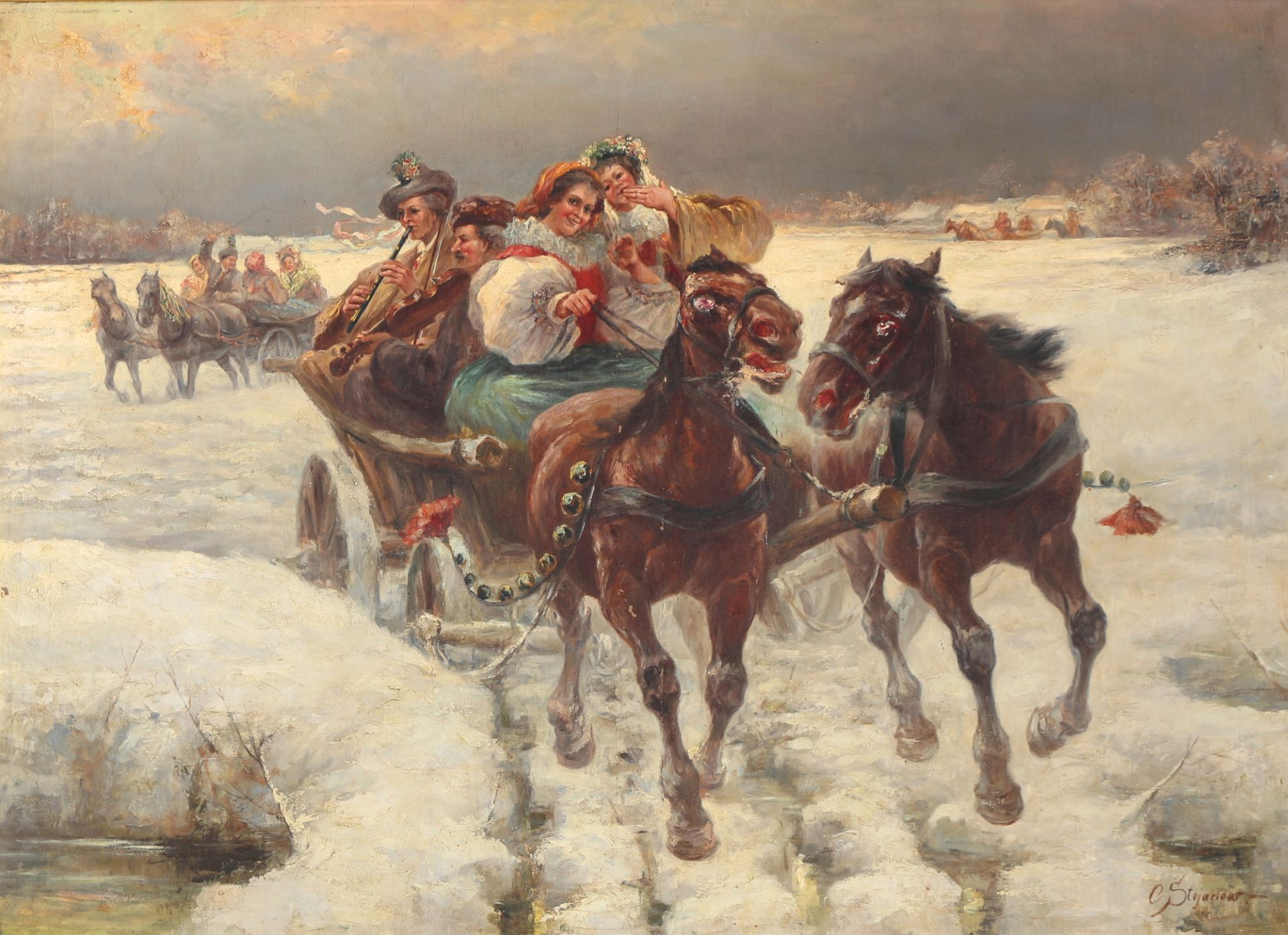 Petr Stojanov (1857-1957) Kutschenfahrt im Winter, carriage ride in winter,