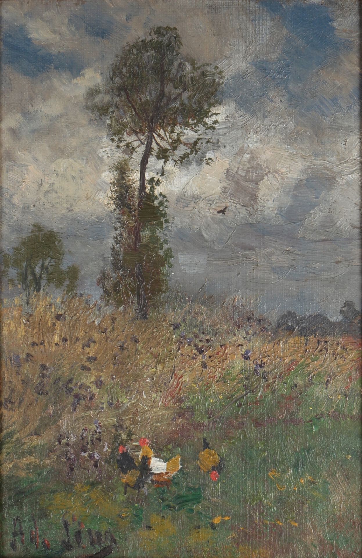 Adolf Lins (1856-1927) Feldlandschaft mit Hühnern, field landscape with chickens,