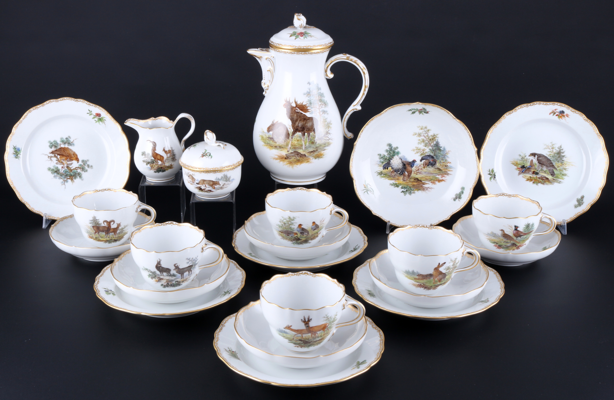 Meissen Wildmalerei nach Ridinger Kaffeeservice für 6 Personen 1.Wahl, coffee service 1st choice,