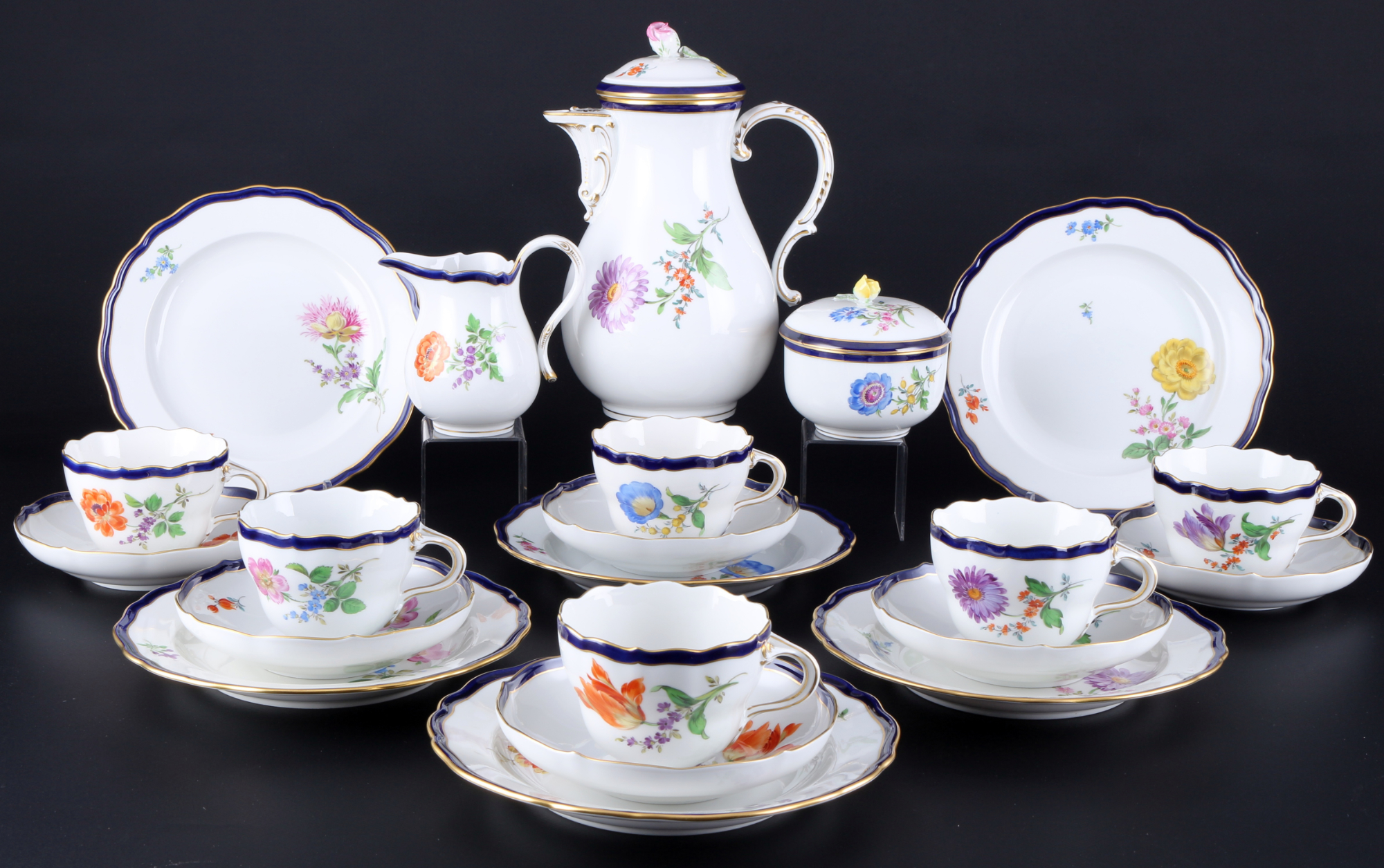 Meissen Blume mit kobaltblauem Rand Kaffeeservice für 6 Personen, coffee service for 6 pers.,