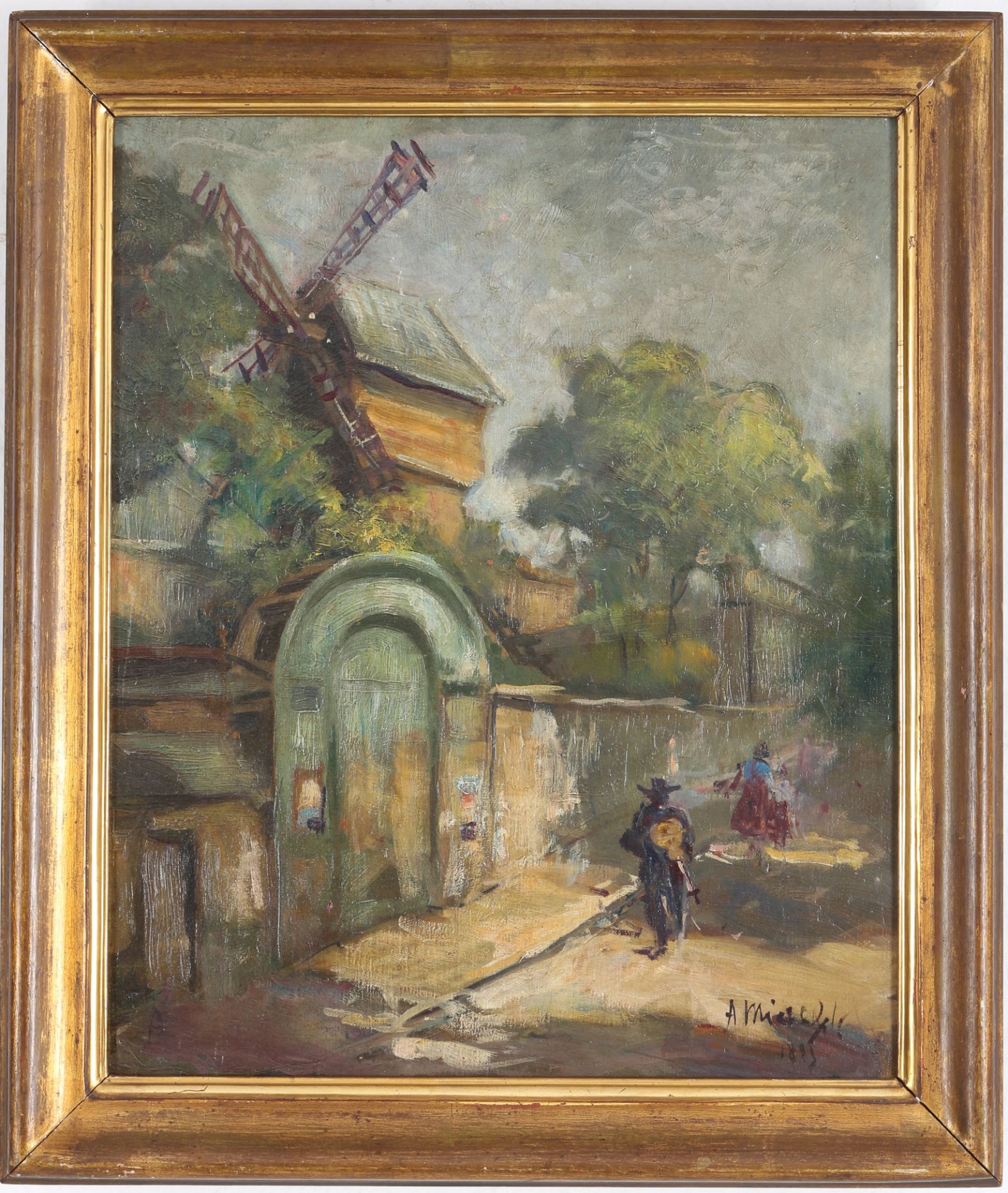 Unbekannter Maler 19. Jahrhundert, Stadtansicht mit Mühle 1895, City view with mill, - Image 2 of 4