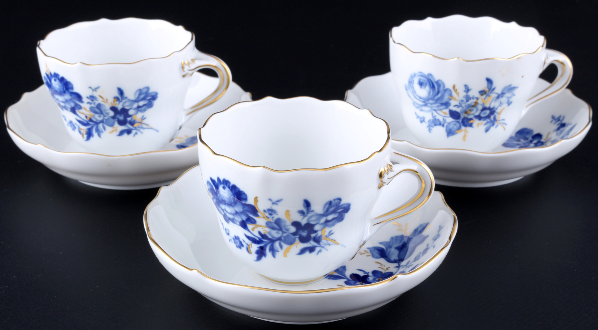 Meissen Deutsche Blume mit Goldgräsern 3 Mokkatassen, mocha coffee cups,