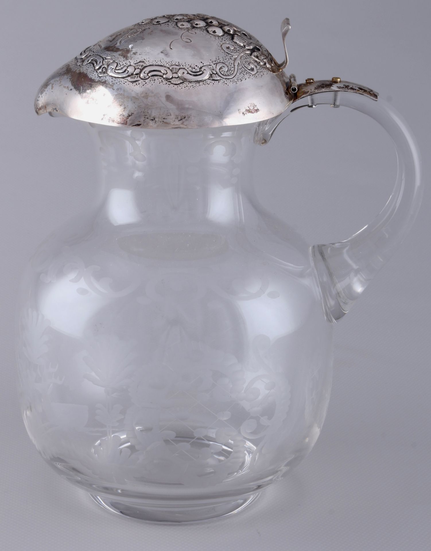 Jugendstil Kristallkaraffe mit 800 Silberdeckel, art nouveau crystal jug with silver lid,