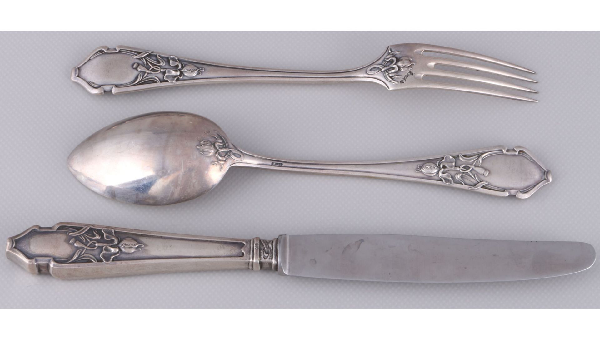 Vereinigte Silberwaren Düsseldorf 800 Silber Jugendstil Besteckset für 3 Personen, silver cutlery fo - Bild 3 aus 4