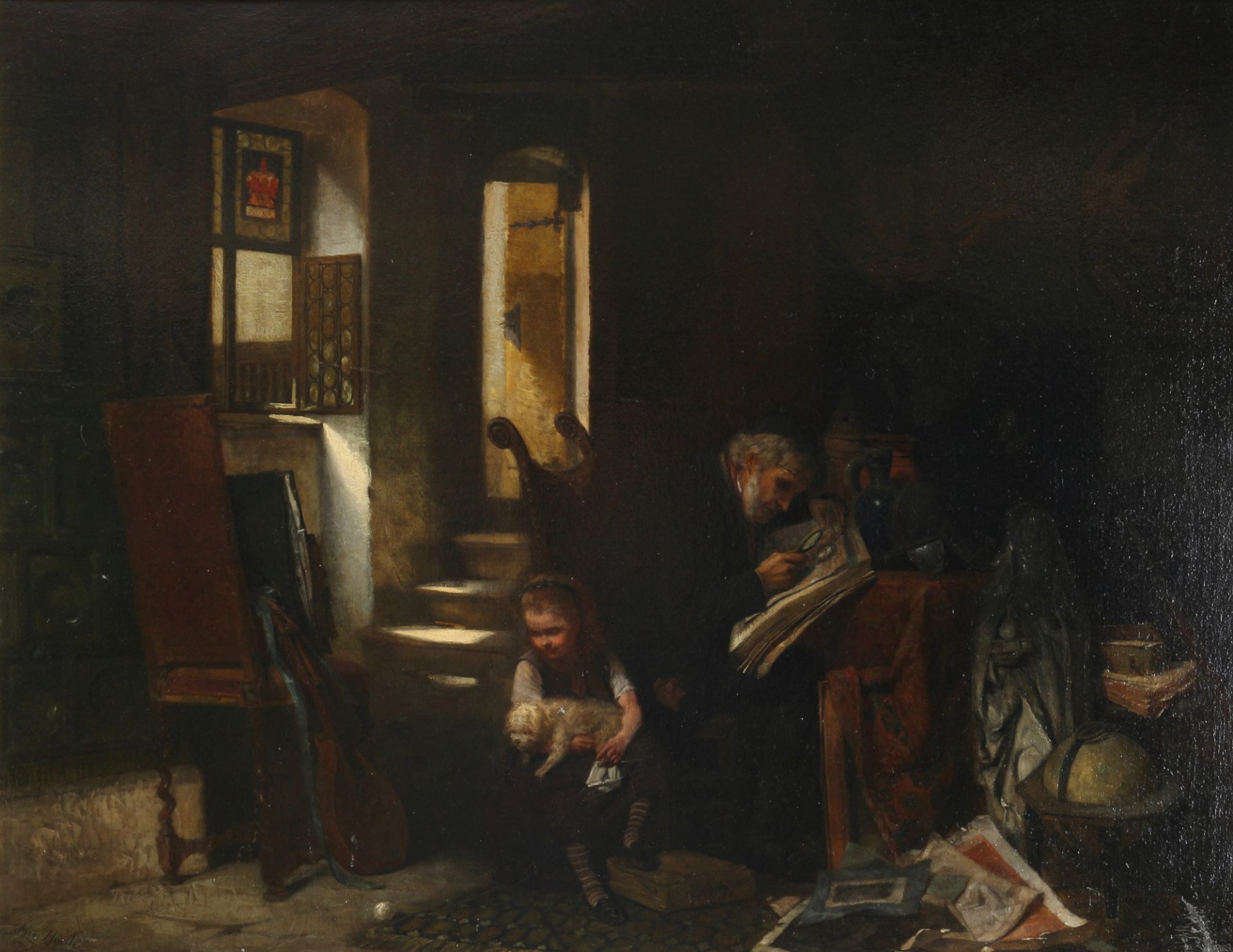 Hans Hösch (1855-1902) Interieur mit Gelehrten und Mädchen mit Hund 1876, Interior with scholars and