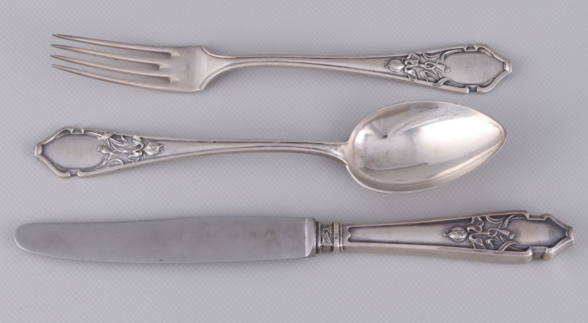 Vereinigte Silberwaren Düsseldorf 800 Silber Jugendstil Besteckset für 3 Personen, silver cutlery fo - Bild 2 aus 4