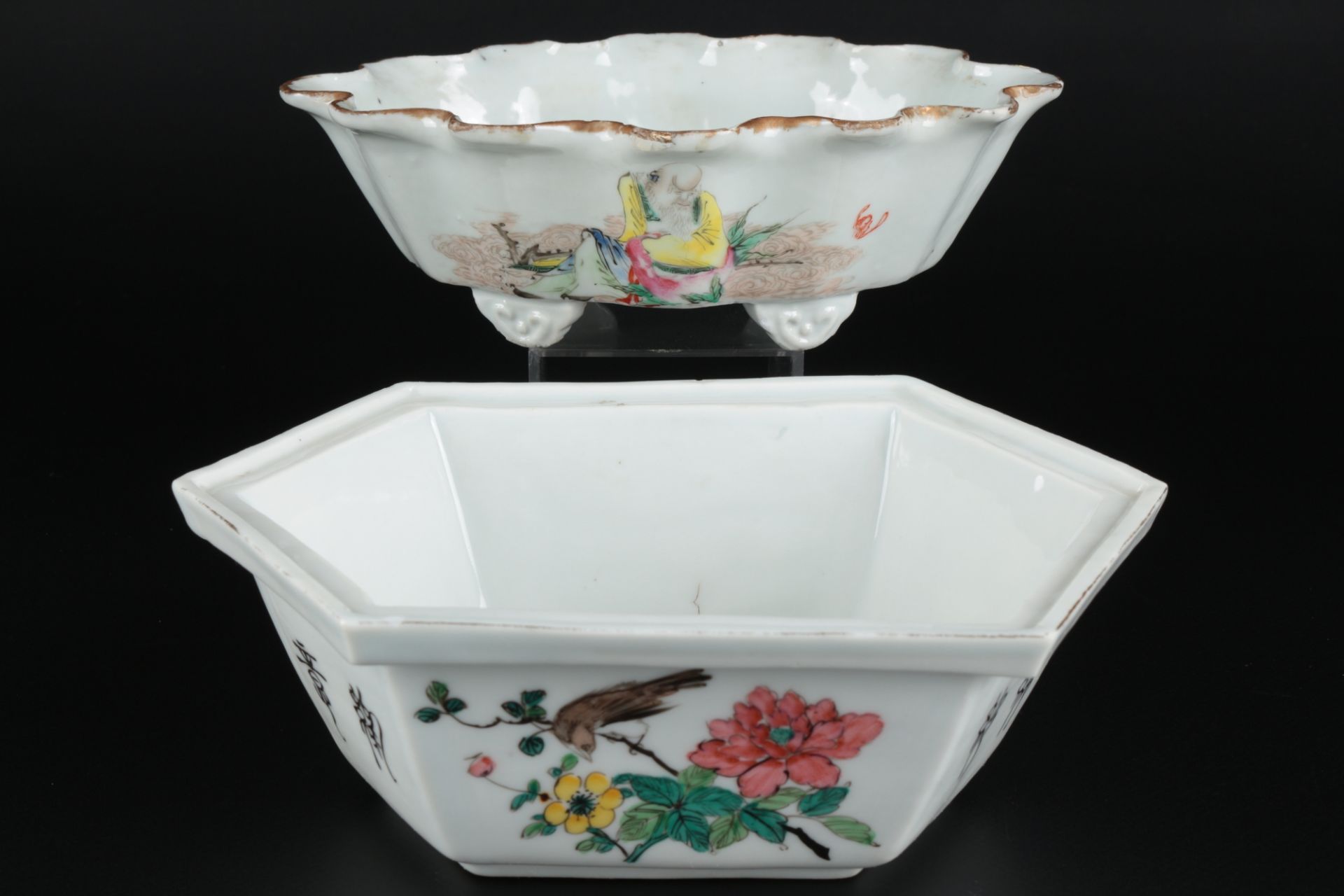 China 2 Schalen Figuren u. Vogel, chinese bowls,