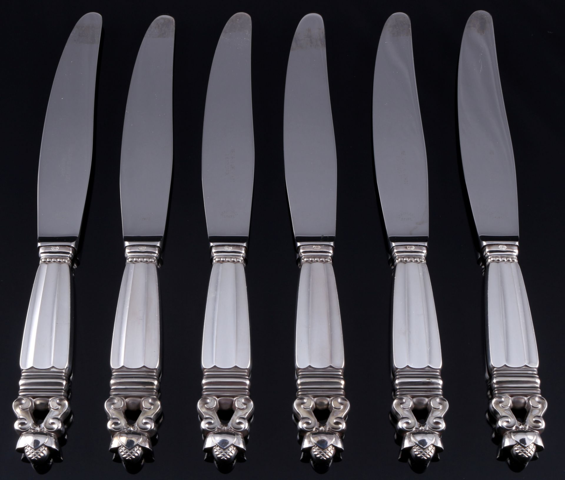 Georg Jensen Acorn König 925 Silber 6 Menümesser, sterling silver menu knives,