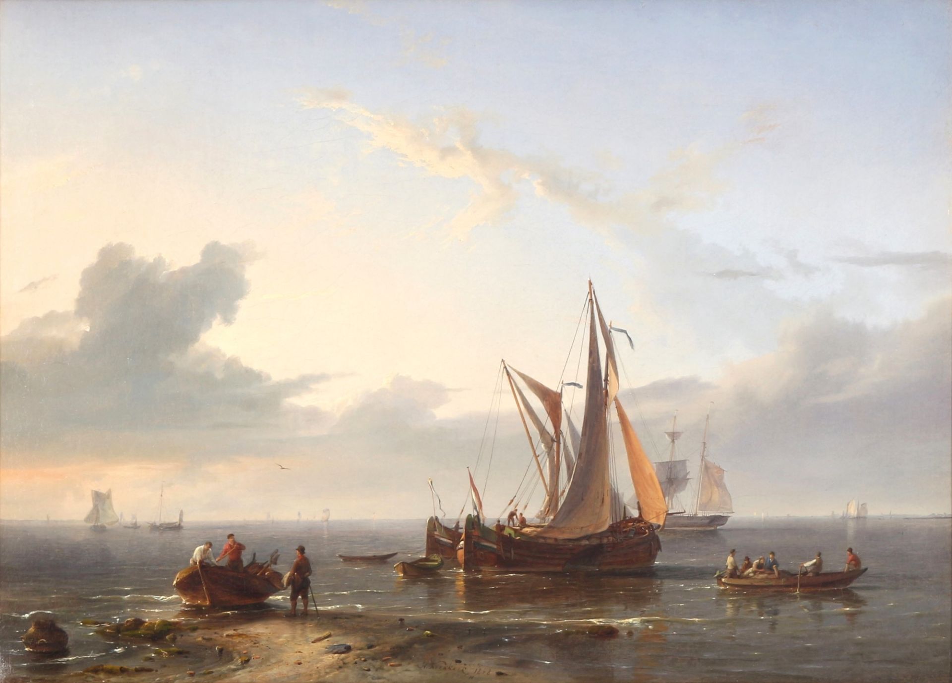 Hermanus I Koekkoek (1815-1882) Marinemalerei ankernde Segelschiffe und Boote, marine painting,