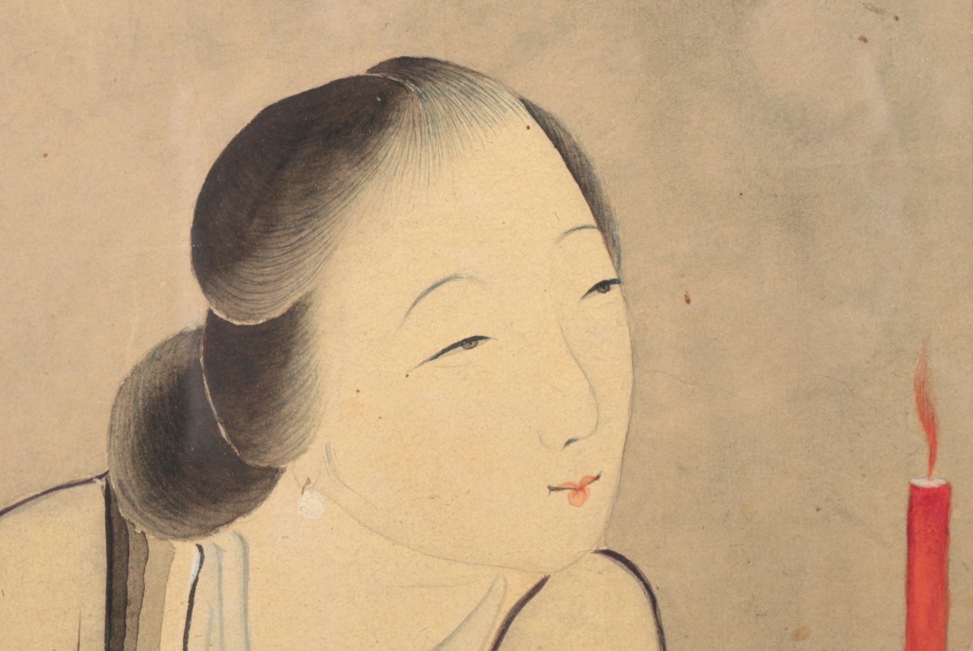 China Xu Shubing große Malerei Dame mit Kerze am Fenster, chinese painting, - Image 3 of 4