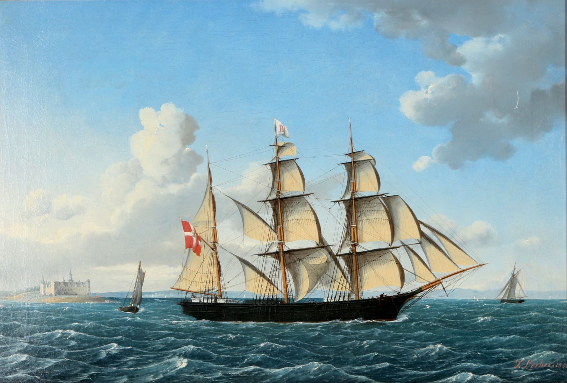 Jens Thielsen Locher (1825-1869) Marinemalerei dän. Brigg vor Schloss Kronborg, danish three-mast,