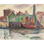 Eduard Dollerschell (1887-1946) Plattbodenschiff im Hafen 1927, flat bottom boat at port,