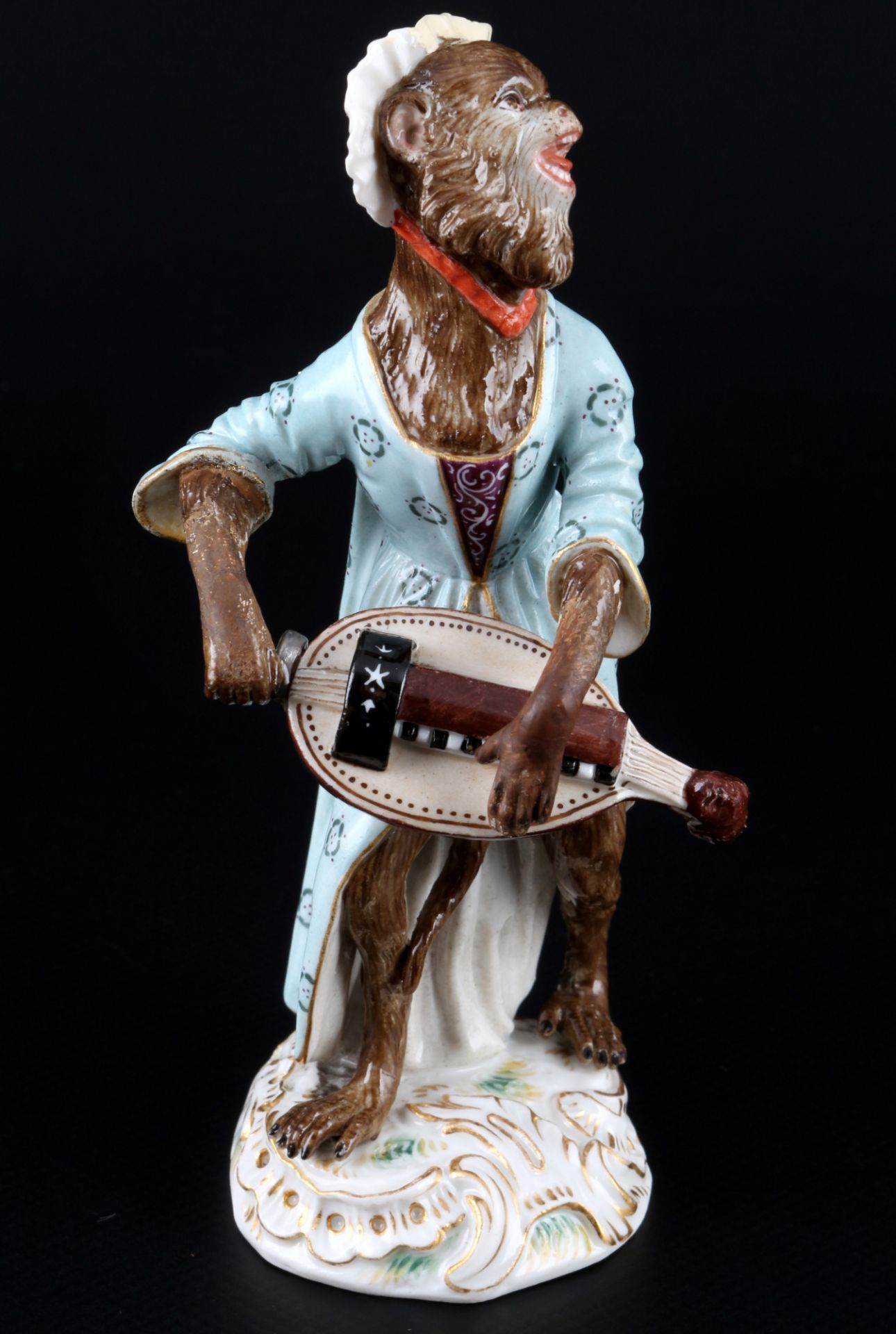 Meissen Affenkapelle Drehleierspielerin 1.Wahl, Knaufmarke 1860-1924, hurdy gurdy player monkey - Bild 5 aus 9