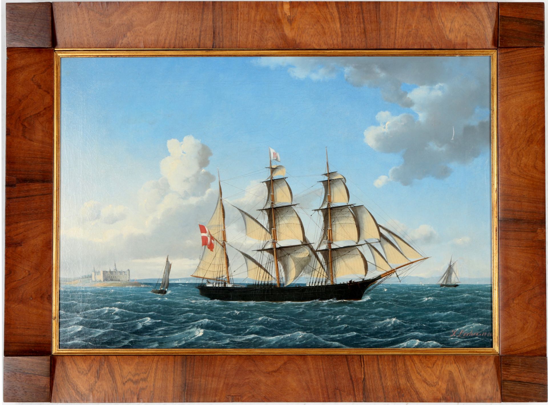 Jens Thielsen Locher (1825-1869) Marinemalerei dän. Brigg vor Schloss Kronborg, danish three-mast, - Image 2 of 6