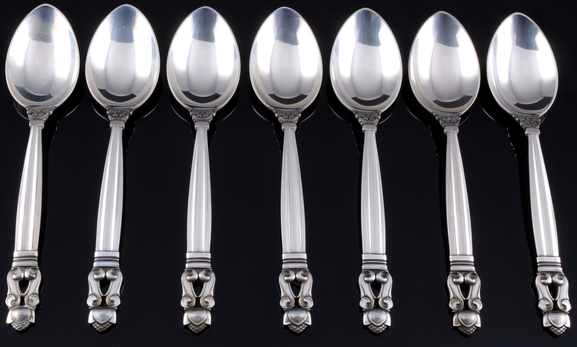 Georg Jensen Acorn König 925 Silber 7 mittlere Kaffeelöffel, sterling silver coffee spoons,