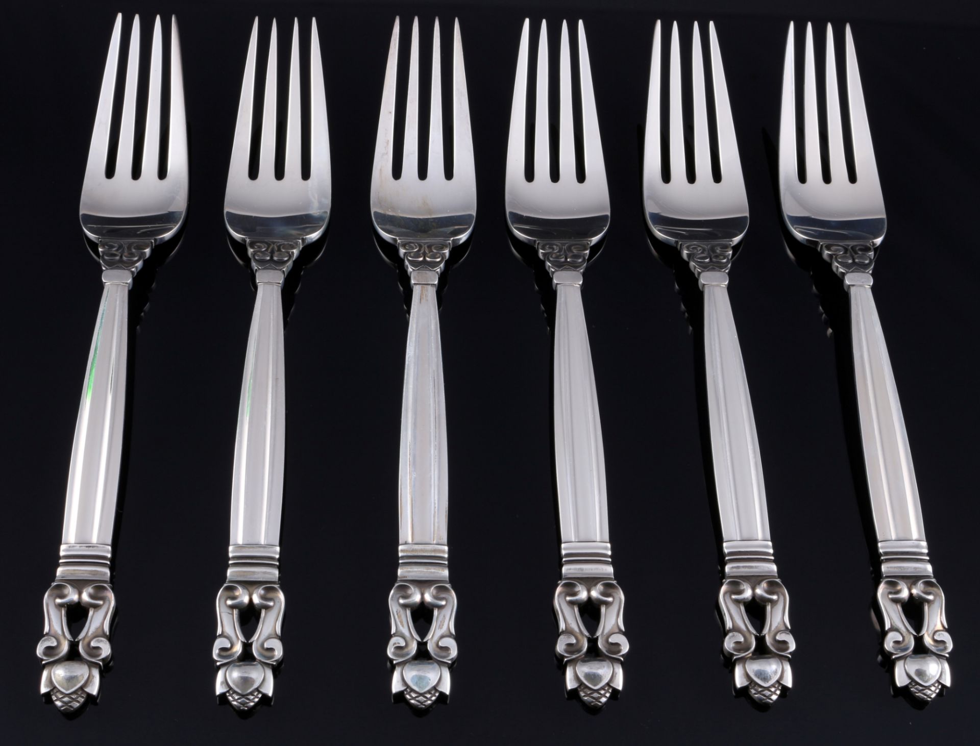 Georg Jensen Acorn König 925 Silber 6 Vorspeisengabeln, sterling silver fork for hors d'oeuvre,