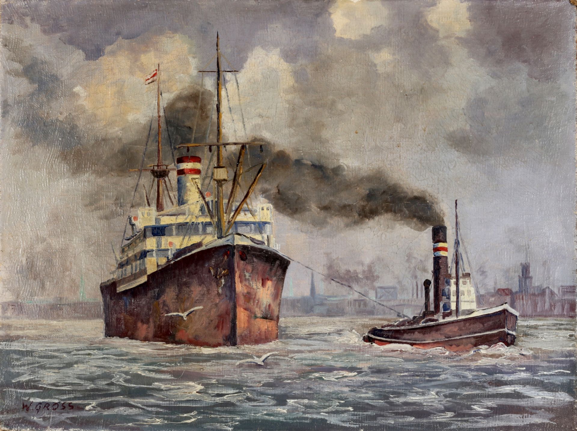 W. Gross - Hamburger Hafenszenerie - Schlepper mit Dampfschiff, Hamburg port scenery with tugboat an