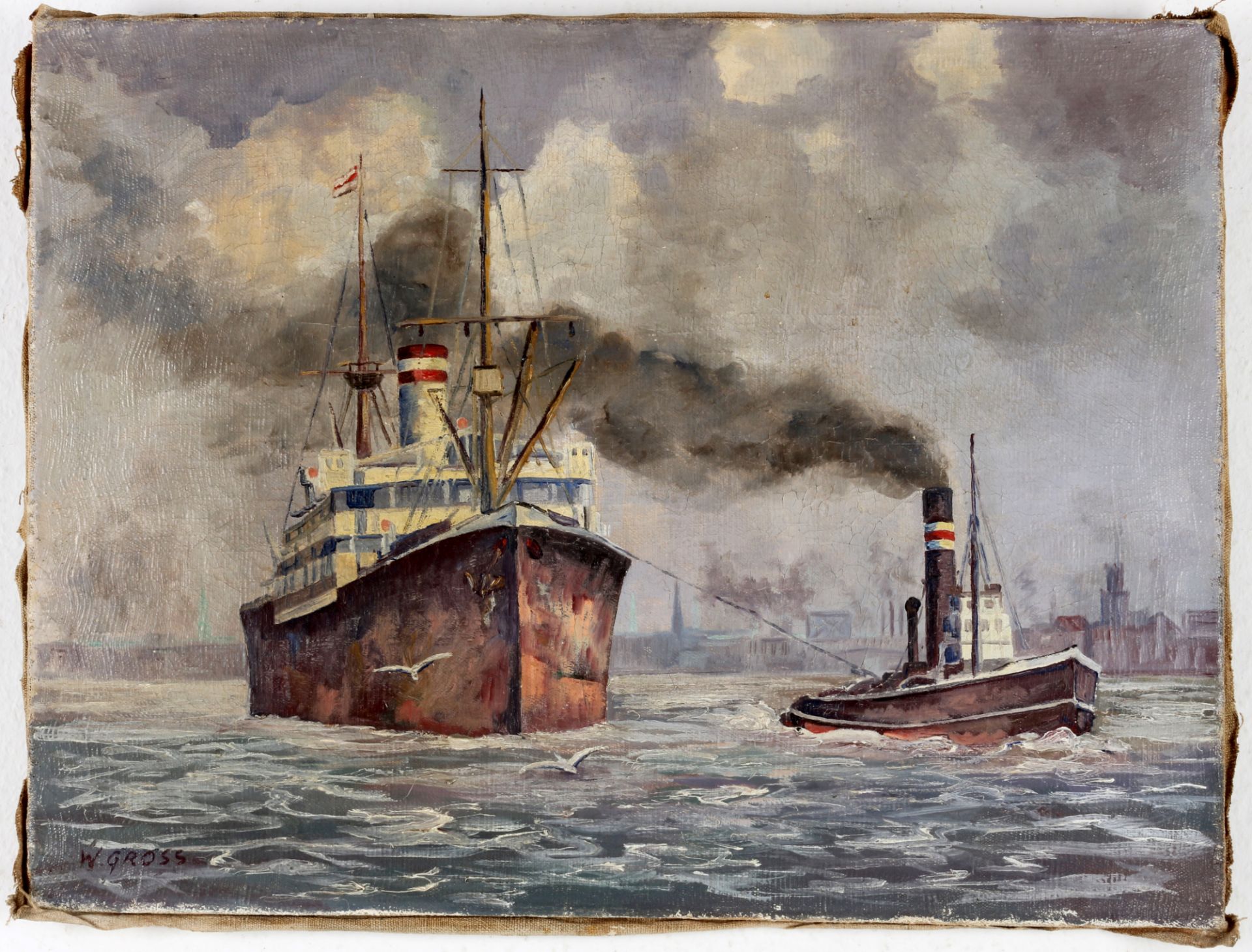 W. Gross - Hamburger Hafenszenerie - Schlepper mit Dampfschiff, Hamburg port scenery with tugboat an - Image 2 of 5