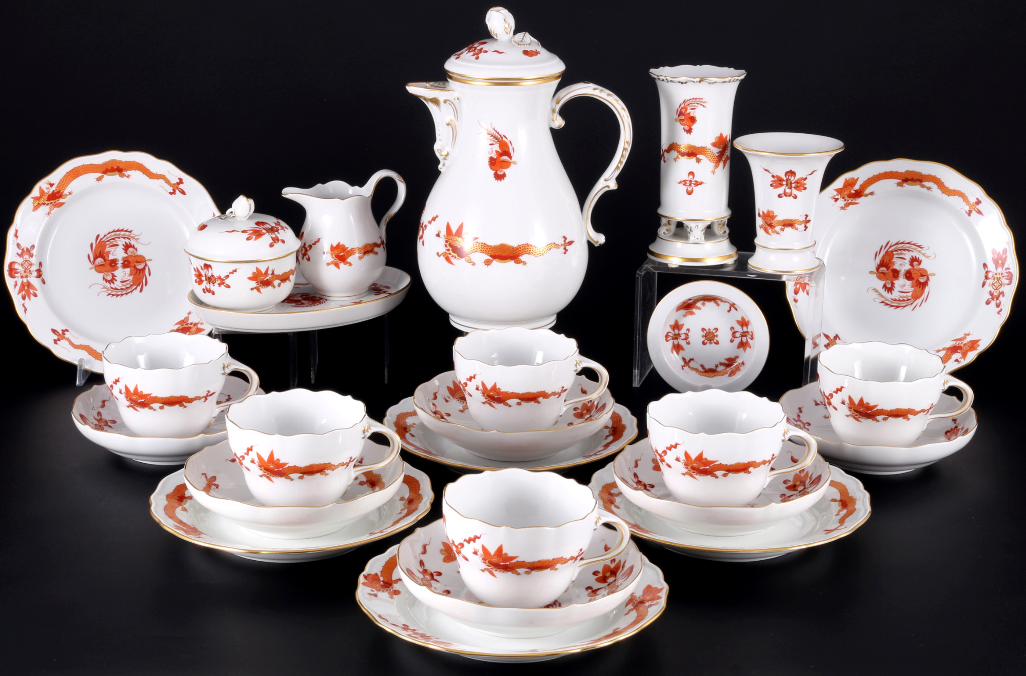 Meissen Red Court Dragon Rich coffee service for 6 persons 1st choice, Kaffeeservice für 6 Personen 