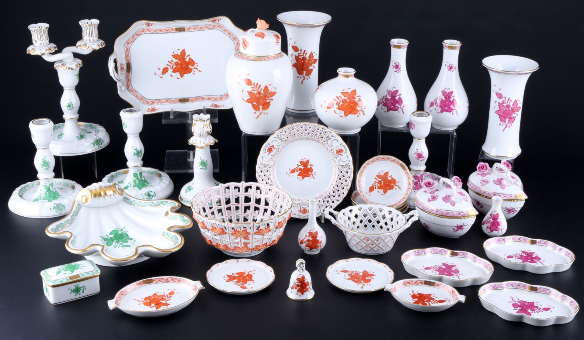 Herend Apponyi Orange, Purpur & Vert umfangreiches Konvolut Zierporzellan, splendor porcelain lot,