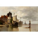 Unbekannter Maler 19. Jahrhundert anlegendes Segelschiff in kleinem Hafen, Unknown painter 19th cent