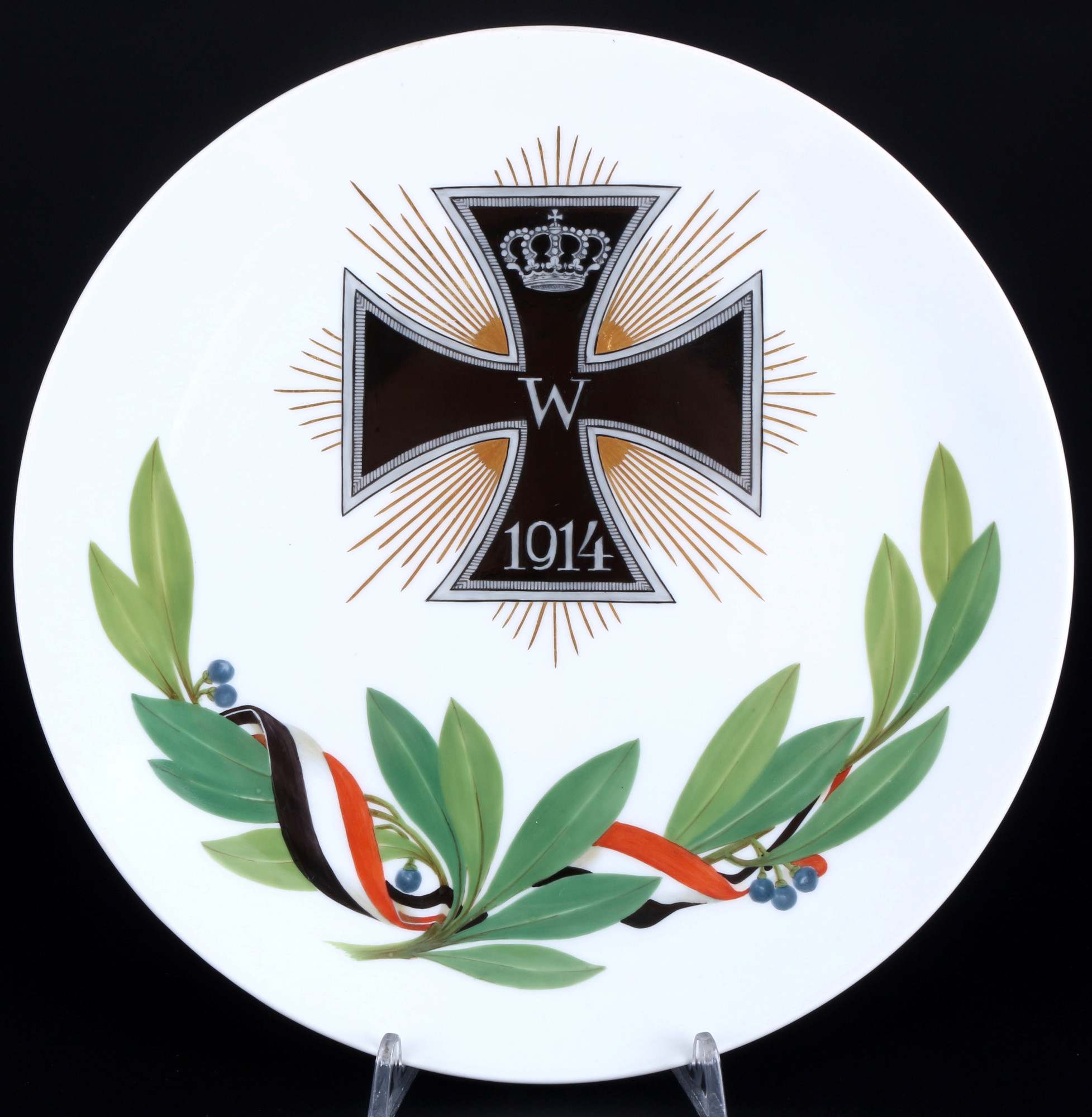 Meissen regiment plate with cross of honor WWI, knob mark ca. 1915, Regimentsteller Ehrenkreuz 1. We