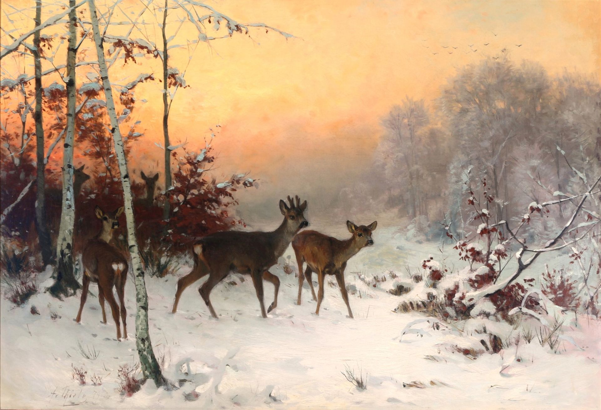 Arthur Thiele (1841-1919) Rehe in Winterlandschaft 1879, deer in winter landscape,