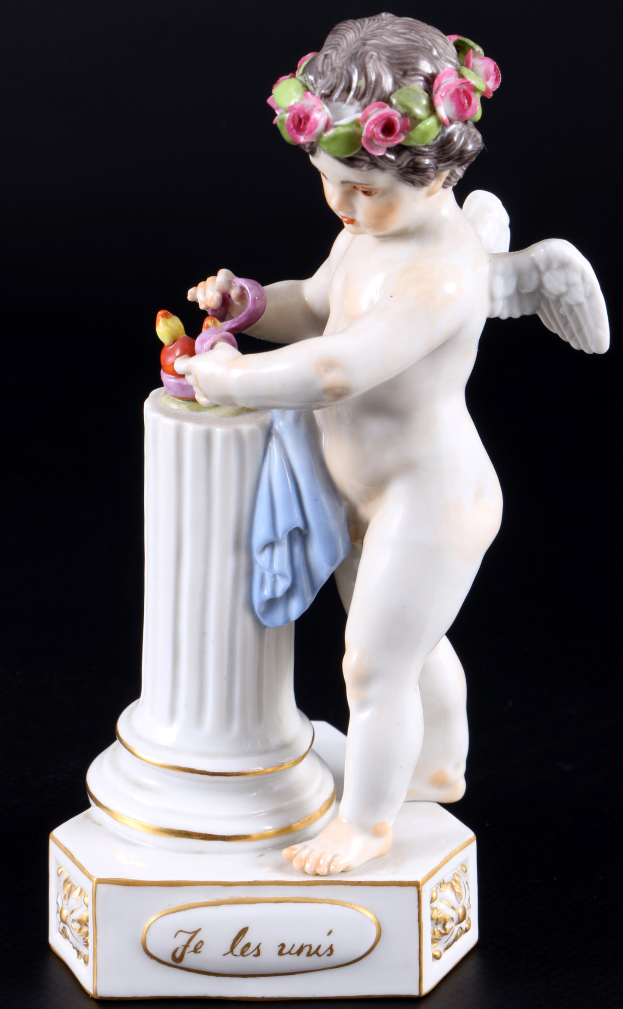 Meissen Devisenkind "Je les unis" 1.Wahl, cupid with two hearts 1st choice,