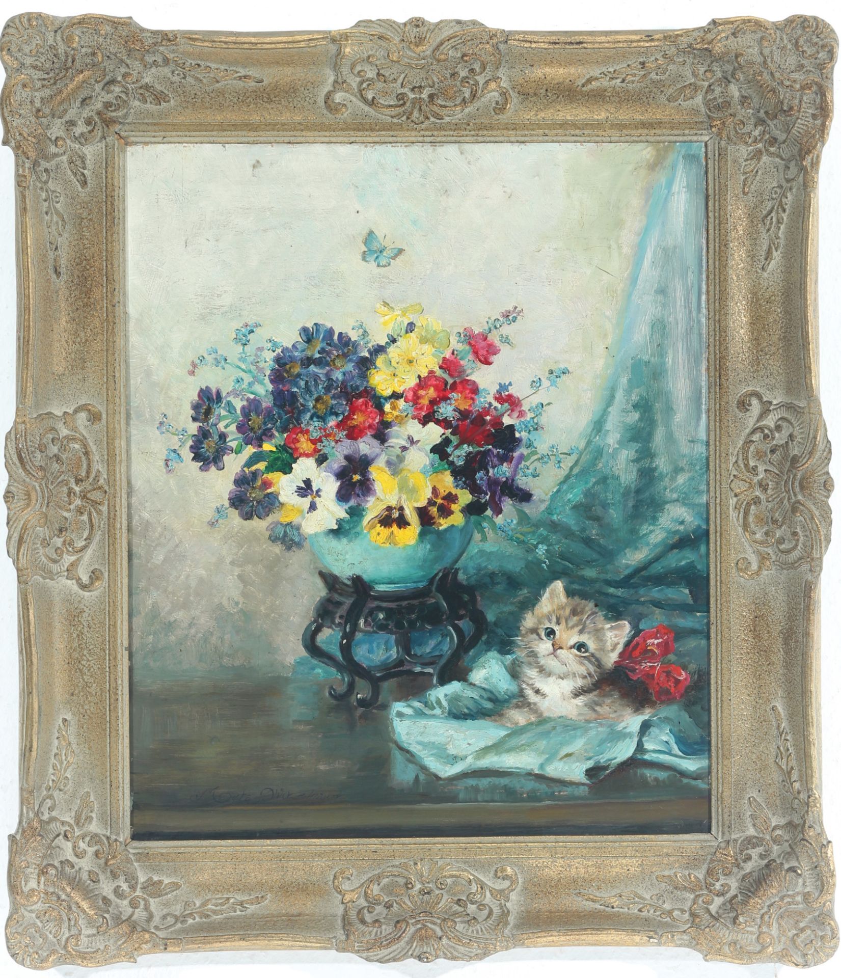 Meta Plückebaum (1876-1945) Blumenstillleben mit Kätzchen, floral still life with kitten, - Bild 2 aus 4