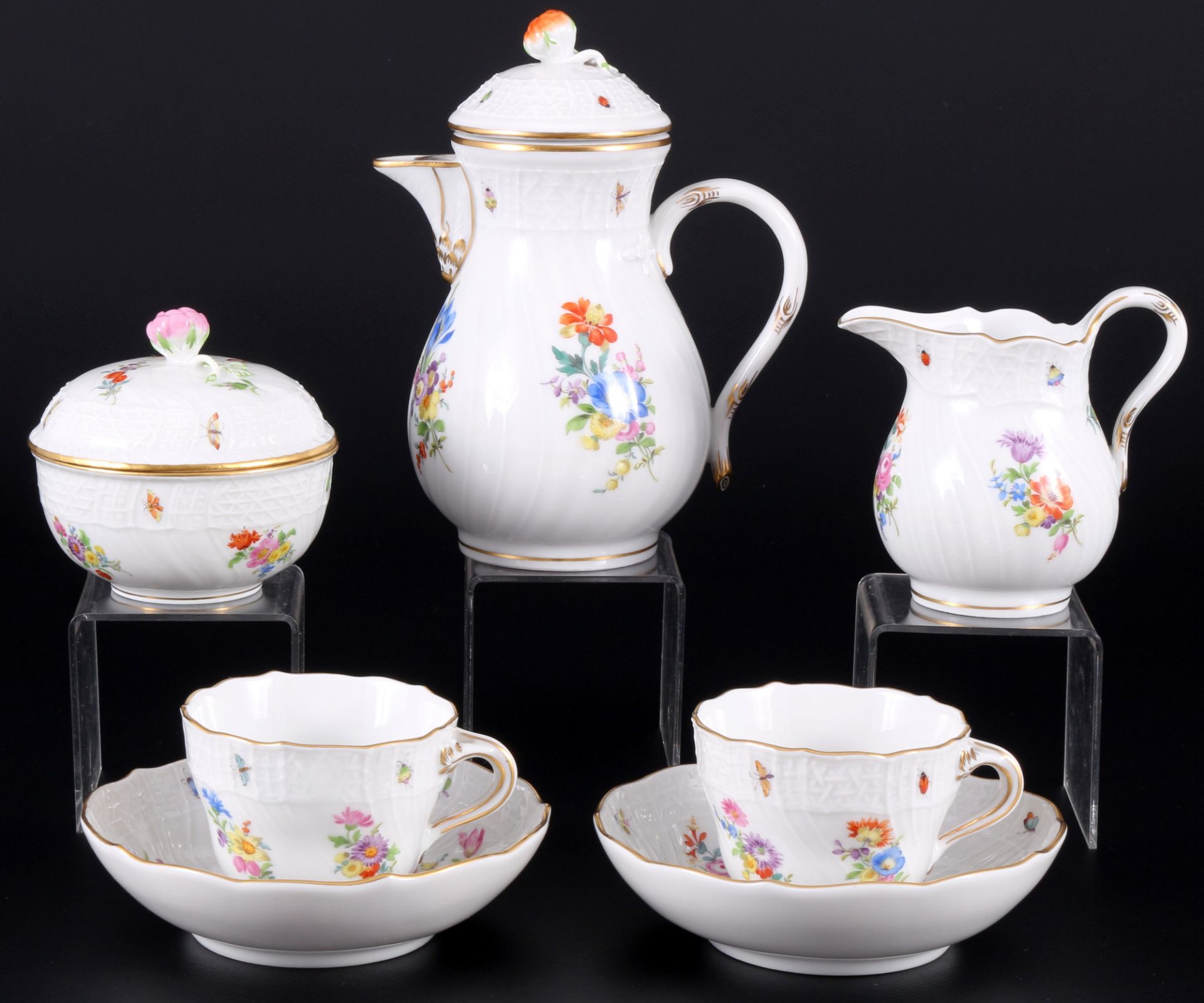 Meissen Neubrandenstein Blumenbukett Mokkaset für 2 Personen 1.Wahl, mocha coffee set for 2 pers. 1s