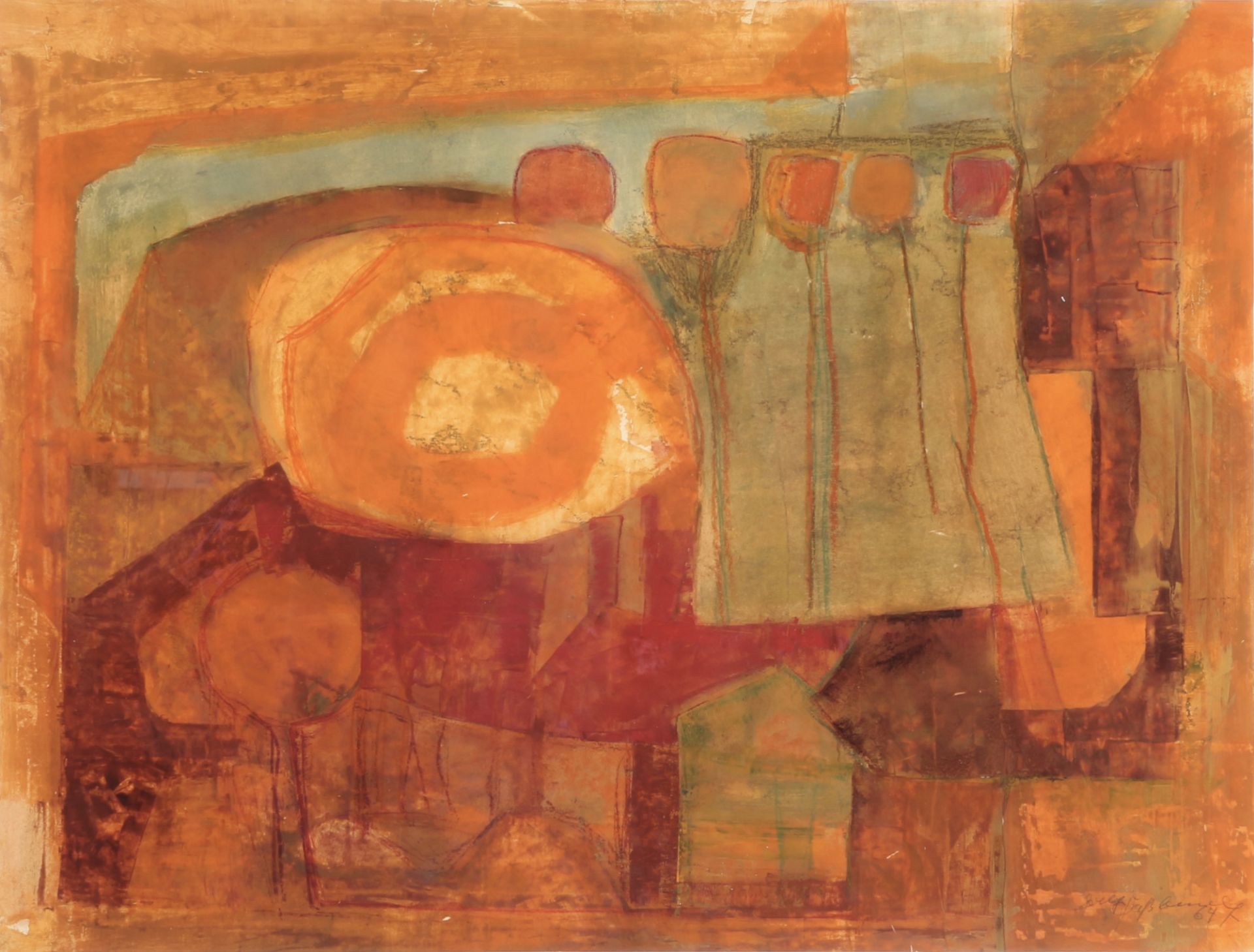 Joseph Fassbender (1903-1974) abstract composition in orange 1964, abstrakte Komposition,
