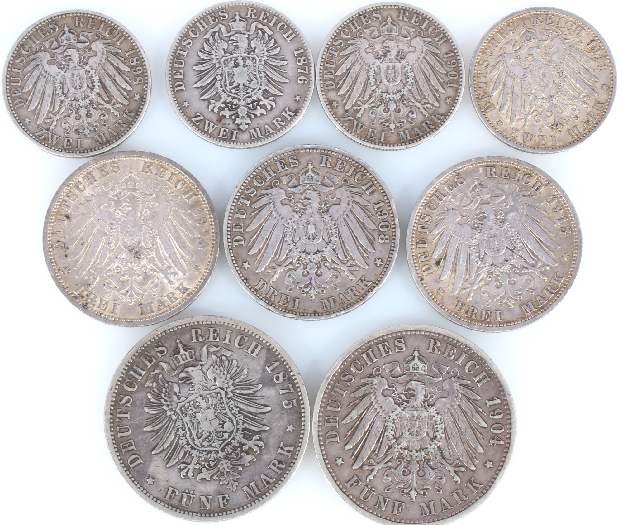 9 silver coins - Deutsche Mark 1875-1914 german empire, Silbermünzen Kaiserreich, - Image 2 of 2