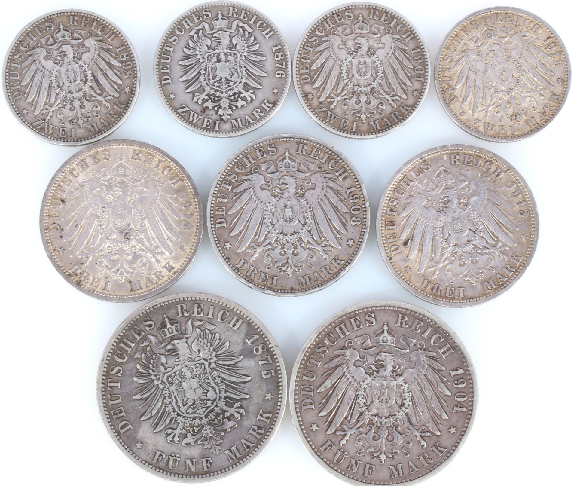 9 Silbermünzen - Deutsche Mark 1875-1914 Kaiserreich, german empire silver coins, - Bild 2 aus 2