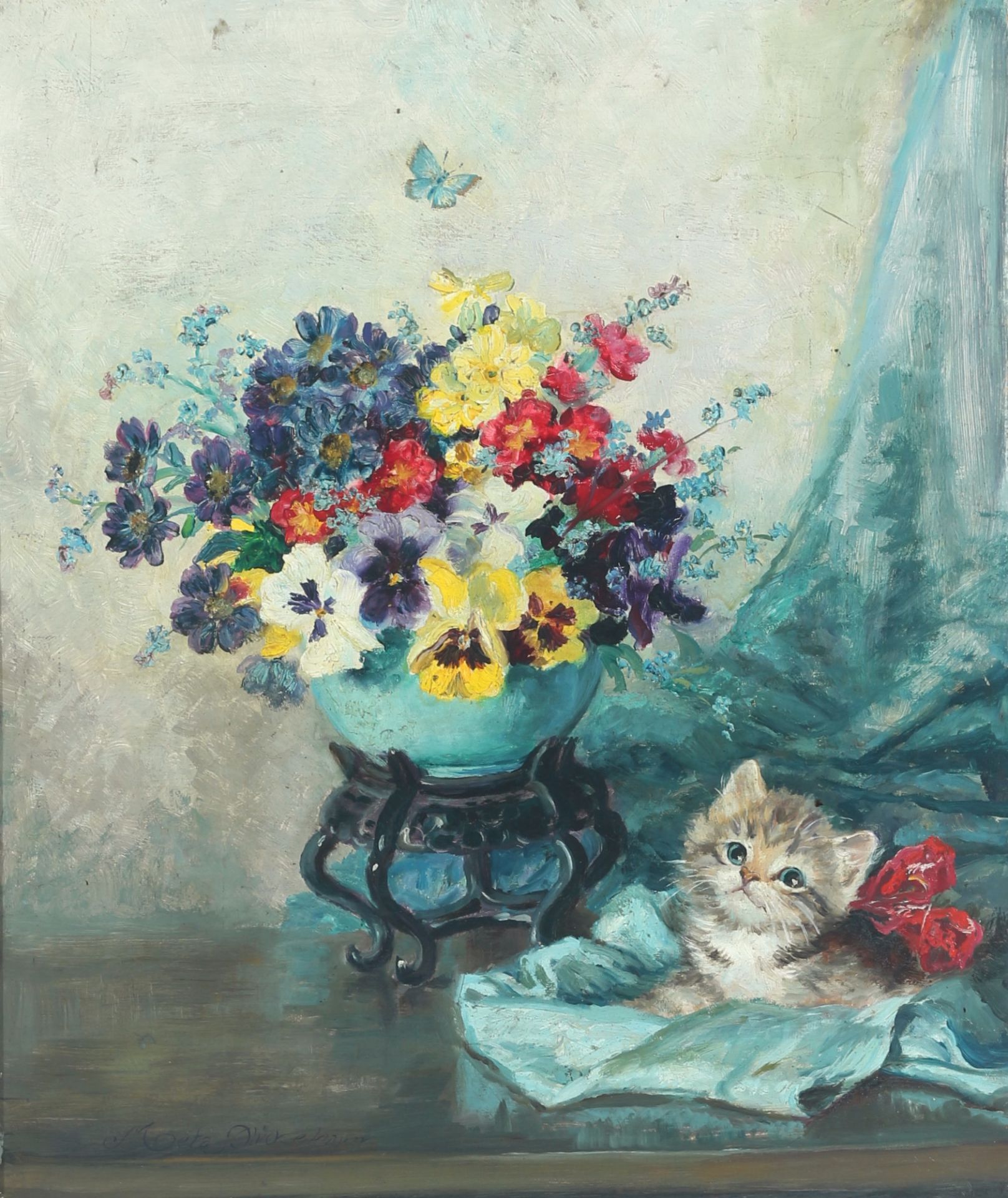 Meta Plückebaum (1876-1945) Blumenstillleben mit Kätzchen, floral still life with kitten,