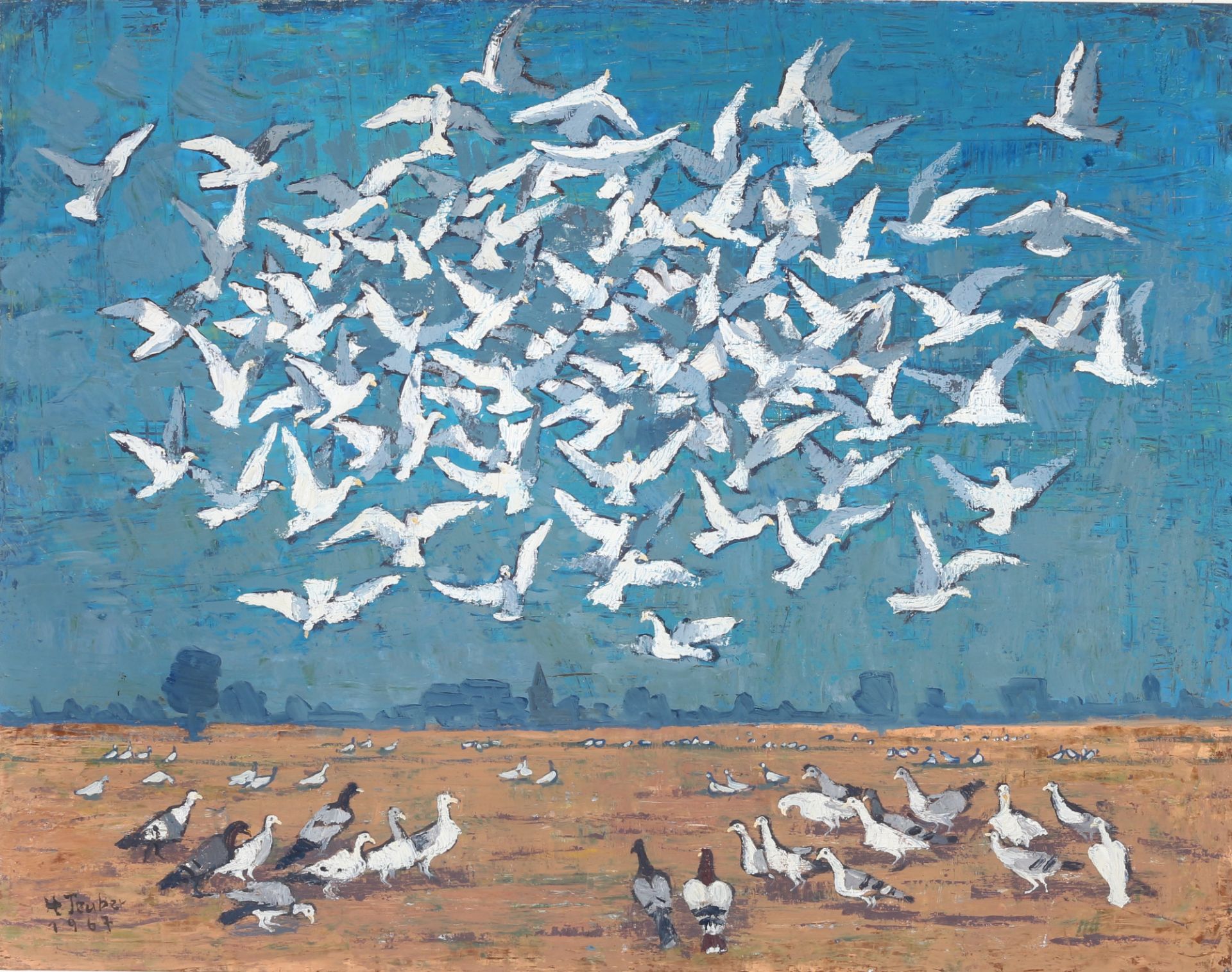 Hermann Teuber (1894-1985) Taubenschwarm 1967, flock of pigeons,