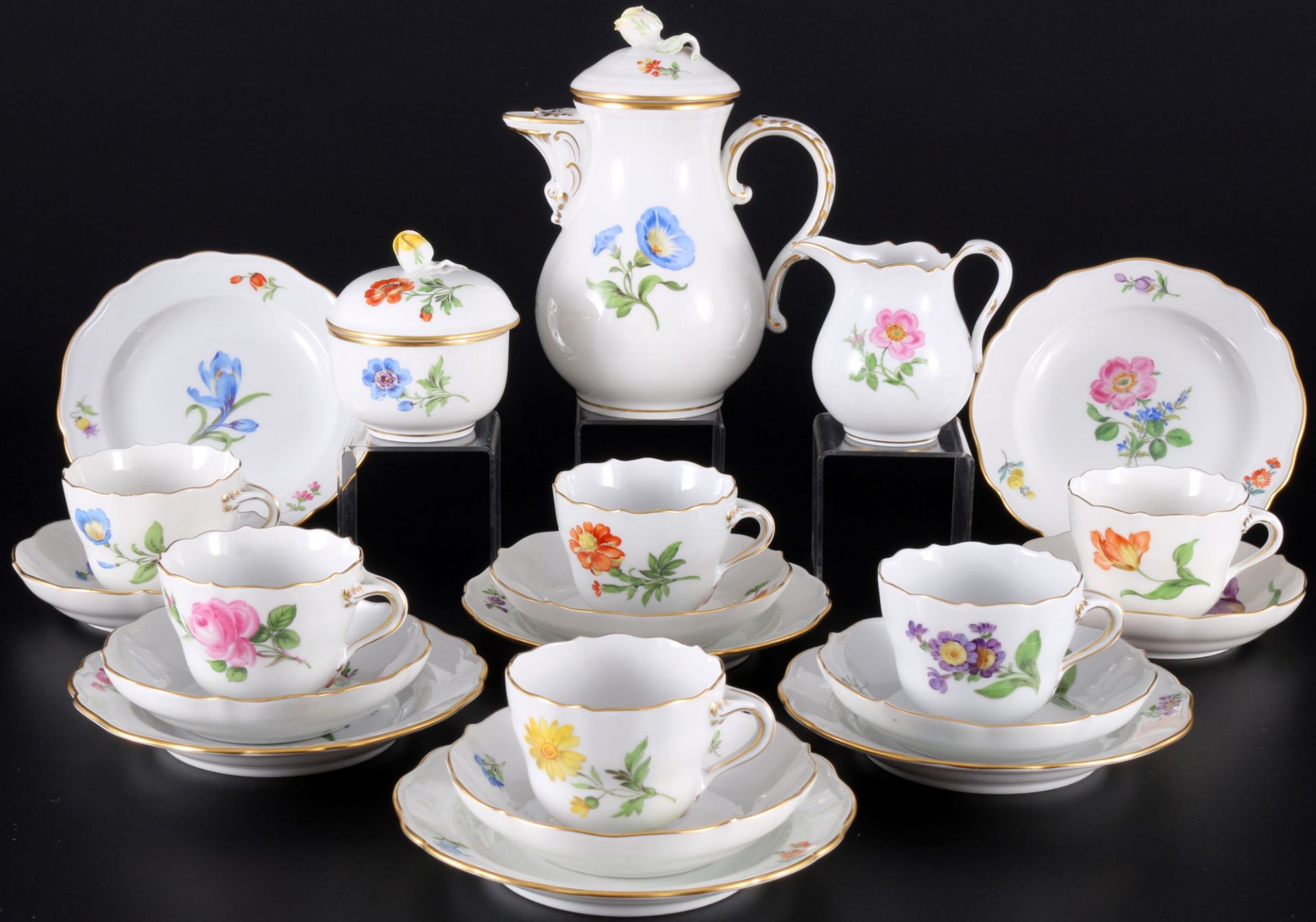 Meissen Flower mocha coffee service for 6 persons, Mokkaservice für 6 Personen,