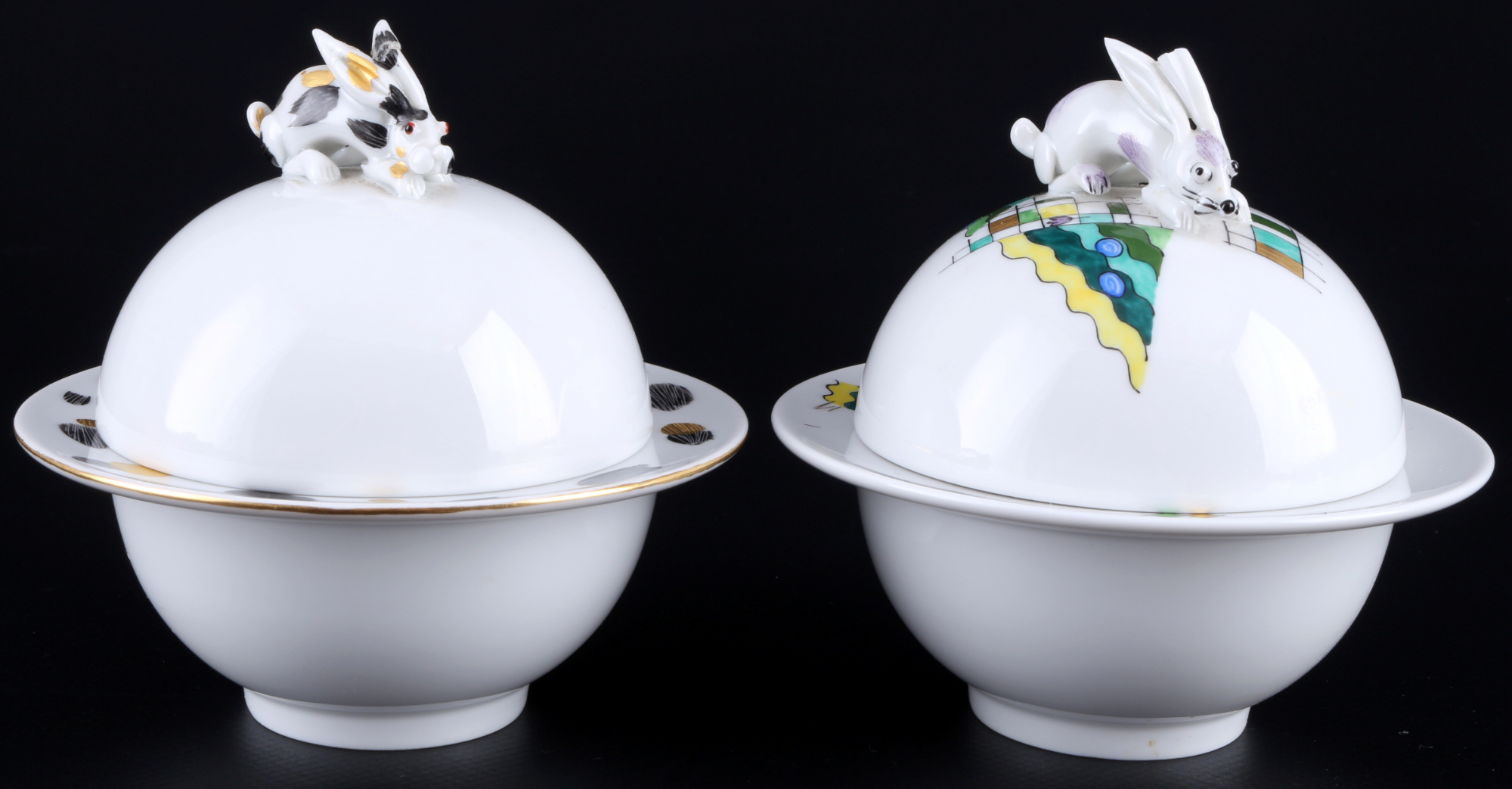 Meissen 2 lidded boxes with rabbits 1st choice, Peter Strang, Deckeldosen mit Hasen 1.Wahl,
