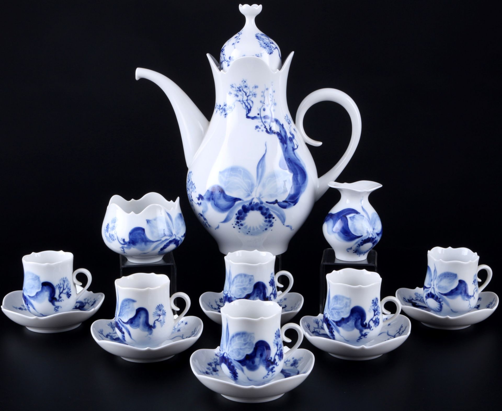 Meissen Orchidee auf Ast Mokkaset für 6 Personen, mocha coffee service for 6 pers.,